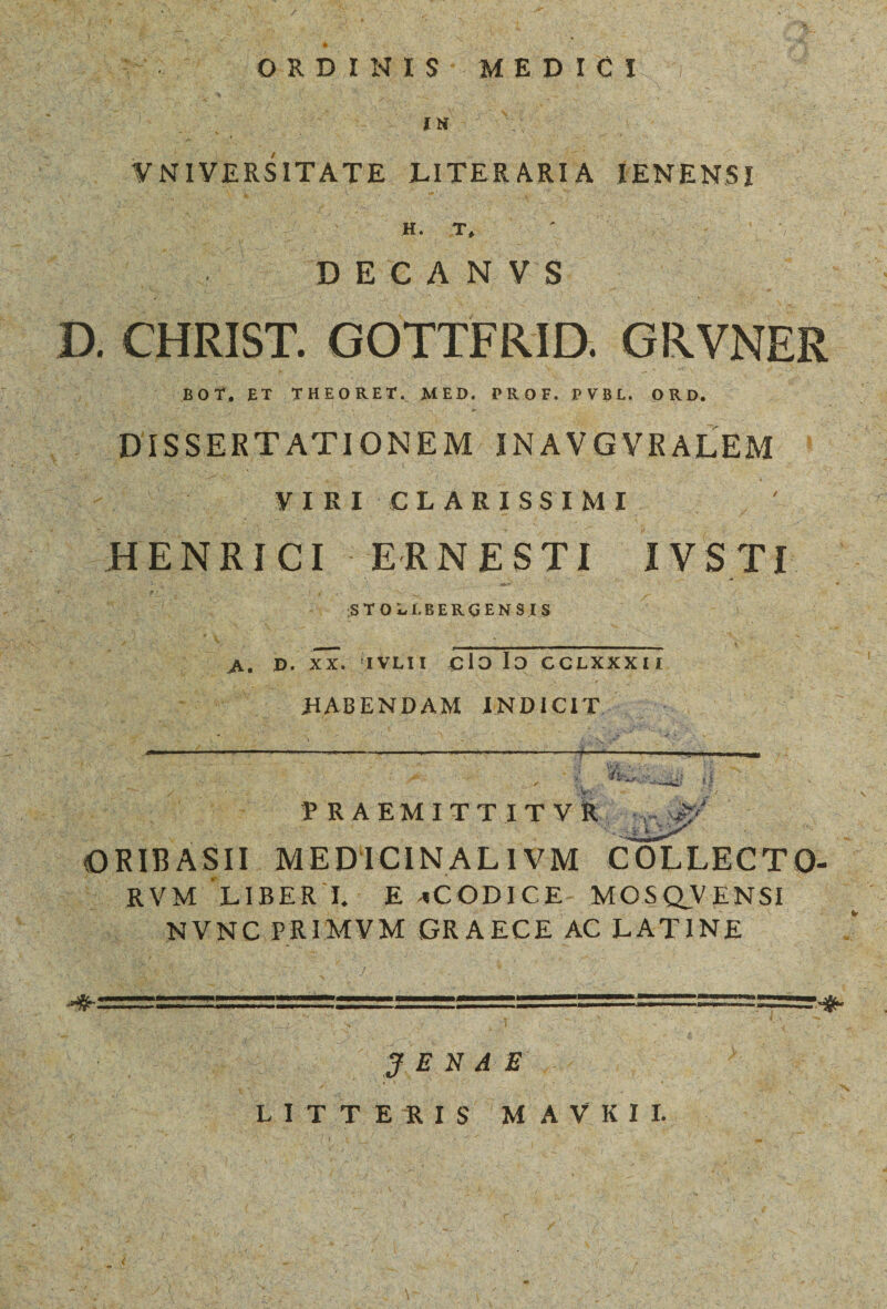 d MES n^ ΟΕ D IN IS$- MEDICI  YNIVERSITATE. LITERARIA IENENSI cH. T, ος ας 807, ET THEORET. MED. PROF. PVBL. ORD. ο o VIRI CLARISSIMI m OHENRICI- ERNESTI IVSTI ^ i (de STOLLBERGENSIS 2) 2 i VERE CDS you dU RU ey E TS p. XX. IVLII clo 1ο CCLXXXII ig uy aen HABENDAM INDICIT... r3 € ZW H t4 : UE. a rd ΕΝΑΕ. den Sor LITTERIS MAVKIL m