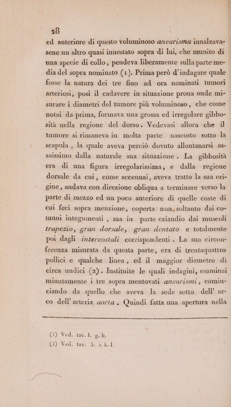 i8 ed anteriore di questo voluminoso aneurisma innalzava* sene un altro quasi innestato sopra di lui, che munito di una specie di collo, pendeva liberamente sulla parte me¬ dia del sopra nominato (i). Prima però d’indagare quale fosse la natura dei tre fino ad ora nominati tumori arteriosi, posi il cadavere in situazione prona onde mi¬ surare i diametri del tumore più voluminoso , che come notai da prima, formava una grossa ed irregolare gibbo¬ sità nella regione del dorso. Vedevasi allora che il tumore si rimaneva in molta parte nascosto sotto la scapola , la quale aveva perciò dovuto allontanarsi as¬ saissimo dalla naturale sua situazione . La gibbosità era di una figura irregolarissima, e dalla regione dorsale da cui, come accennai, aveva tratto la sua ori¬ gine , andava con direzione obliqua a terminare verso la parte di mezzo ed un poco anteriore di quelle coste di cui feci sopra menzione, coperta non soltanto dai co¬ muni integumenti , ma in parte eziandio dai muscoli trapezio, gran dorsale, gran dentato e totalmente poi dagli intercostali corrispondenti . La sua circon¬ ferenza misurata da questa parte, era di trentaquattro pollici e qualche linea , ed il maggior diametro di circa undici (2) . Instituitè le quali indagini, esaminai minutamente i tre sopra mentovati aneurismi, comin¬ ciando da quello che aveva la sede sotto dell’ ar¬ co dell’ arteria aorta . Quindi fatta una apertura nella (!) Veti. tav. I. g. h.