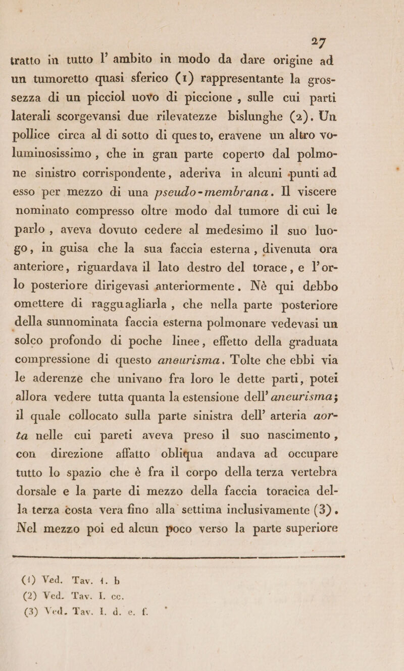 tratto in tutto P ambito in modo da dare origine ad un tumoretto quasi sferico (i) rappresentante la gros¬ sezza di un picciol uovo di piccione , sulle cui parti laterali scorgevansi due rilevatezze bislunghe (2), Un pollice circa al di sotto di ques to, eravene un altro vo¬ luminosissimo , cbe in gran parte coperto dal polmo¬ ne sinistro corrispondente, aderiva in alcuni .punti ad esso per mezzo di una pseudo • membrana * Il viscere nominato compresso oltre modo dal tumore di cui le parlo , aveva dovuto cedere al medesimo il suo luo¬ go , in guisa cbe la sua faccia esterna , divenuta ora anteriore, riguardava il lato destro del torace, e Tor¬ lo posteriore dirìgevasi anteriormente. Nè qui debbo omettere di ragguagliarla , che nella parte posteriore della sunnominata faccia esterna polmonare vedevasi un solco profondo di poche linee, effetto della graduata compressione di questo aneurisma. Tolte che ebbi via le aderenze che univano fra loro le dette parti, potei allora vedere tutta quanta la estensione aneurisma‘y il quale collocato sulla parte sinistra delT arteria aor- ta nelle cui pareti aveva preso il suo nascimento, con direzione affatto obliqua andava ad occupare tutto lo spazio che è fra il corpo della terza vertebra dorsale e la parte di mezzo della faccia toracica del¬ la terza costa vera fino alla'settima inclusivamente (3). Nel mezzo poi ed alcun poco verso la parte superiore 0) Ved. Tav. -1. b (2) Ved. Tav. I. cc. (.3) Tav. I. d. e. f.