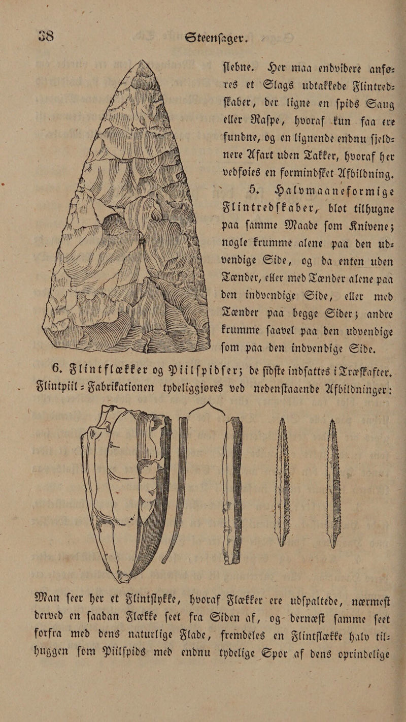 øteenfagev. flebne. .£)er maa enbotbere anføi re§ et ©tage ubtaffebe glintreb; f!aber, bcc ligne en fpibS ©aug eller SKafpe, l)øoraf ftm faa ere funbne, og en lignenbe enbntt fjelbs nere 2ffart uben Safter, J)Doraf fjer tiebføieé en forminbffet TOilbning* 5. .§alt>maan eformige Si in treb ff aber,- blot tilf)ugne paa famme ?D?aabe fom fnisene* nogle frttmme alene paa ben ub* øenbige ©ibe, og ba enten uben Scenber, eller mebSænber alene paa ben inbscnbige ©ibe, eller meb Sænber paa begge ©iberj anbre frumme faaøel paa ben ubøenbige fom paa ben inbøenbige ©ibe. 6. glintflceffer og ^iitfpibfer; be fibffefnbfatte« i£ra>ffafter. glintpiil s gabrifationen tpbeliggjoreS øeb nebenjlaacnbe 2lfbilbninger: $?an feer f)er et glintjlpffe, fc&amp;oraf glæffer ere ubfpaltebe, ncermej! bcrvcb en faaban glæffe fcet fra ©iben af, og- bernceff famme feet forfra meb benS naturlige giabe, frembeleé en glintftøffe l)alo til- buggen fom *Piilfpibé meb enbnu tpbelige ©por af bcn$ oprinbelige