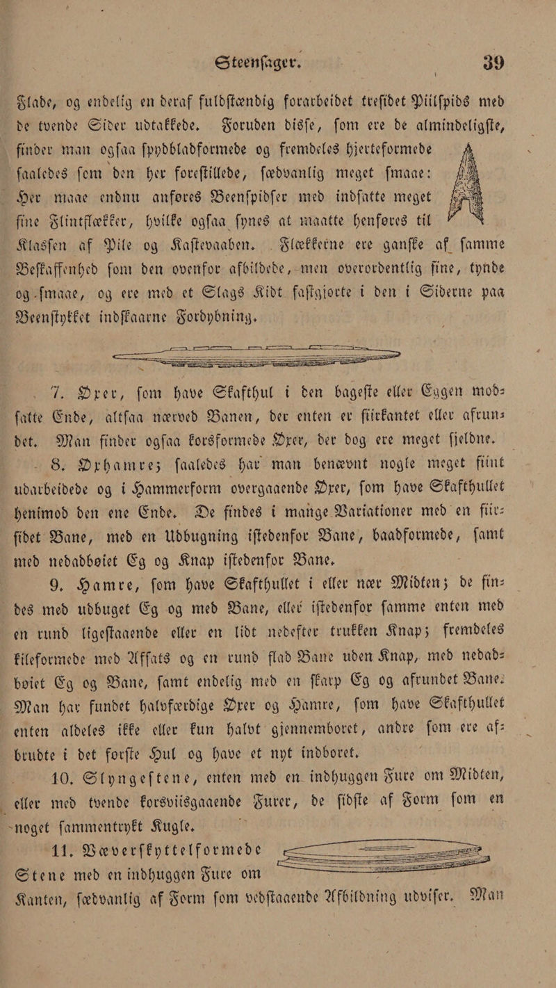 gtabe, og enbetig en beraf fulbjfønbtg foratbeibet fceftbet $>iit[pib$ meb be toenbe ©iber ubtaffebe* goruben bisfe, fom ere be atminbetigfte, ftnber man ogfaa fppbbtabformebe og frembetcS bjevteførmebe faatcbeé fem ben tyer forejlittebe, fæboanttg meget fmaae: j Sp(r maae enbnu anføres SSeenfpibfec meb inbfatte meget k fine gtintftocffer, ^toitfe ogfaa fpneS at maatte t)cnføre$ tit  ^ ÆlaSfen af $ite og -ftajleøaabem gieefferne ere g an ffe af famme S3effaffen(;cb fom ben ooenfot afbitbebe, men øøerovbenttig ftne, tpnbe og-fmaae, og ere meb et ©tagS SKibt fajlgiortc t ben i ©iberne paa S3eenfh;ffct tnbffaarne gorbpbnfng* 7. £>jrcr, fom fyaøe ©faftt)ul i ben bagejle etter (Sagen mob= fatte (Snbe, attfaa næcøeb S5aneit, bet enten er furfantet etter aftuni bet. 9J?an ftnber ogfaa forSformebe .©ret’/ ber bog ere meget fjetbne. 8. SD jt* t) a m r e 5 faatebeS t)ar man bencemit nogte meget fttnt tibaibeibebe og i ^ammeeform ooergaaenbe S&amp;jecr, fom fyaøe ©fakultet benimob ben ene (Srtbe. £)e ftrtbeS t mangeVariationer meb en ftit'- fibet Vane, meb en Ubbttgning iftebenfor Vane, baabformebe, famt meb nebabbøtet (Sg og ^nap iftebenfor Vane* 9* $amre, fom b<we ©faft()ut(et i etter noer S)?tbtertj be ftn- beS meb ubbuget (Sg og meb Vane, etter ijlebenfor famme enten meb en runb tigejiaaenbe etter en libt nebefter truffen £nap> frembeteS fiteformebe meb 2fffat$ og en runb ftab Vane uben $nap, meb nebab* bøiet (Sg og Vane, famt enbetig meb en ffarp ©g og afrunbet Vane; sjtfan tyv: funbet ftatøfærbige $jrer og gbamre, fom baøe ©faftbuUet enten albeteS iffe etter fun batøt gennemboret, anbre fom cre af: brubte i bet forfte 5put og t;aøc et npt tnbboref* 10. ©tpngeftene, enten meb en inbt)uggen Sure om Srøtbten, etter meb tøenbe forSøiiSgaaenbe gurer, be ftbjle af gorrn fom en noget fammentrpft $ugle* ©tene meb cn inM)itggen gitre om ~ 7— Jtantcn, fcebøanlig af gorm fom øcbjlaaenbe Wfbilbning ubøifcr* 50? an