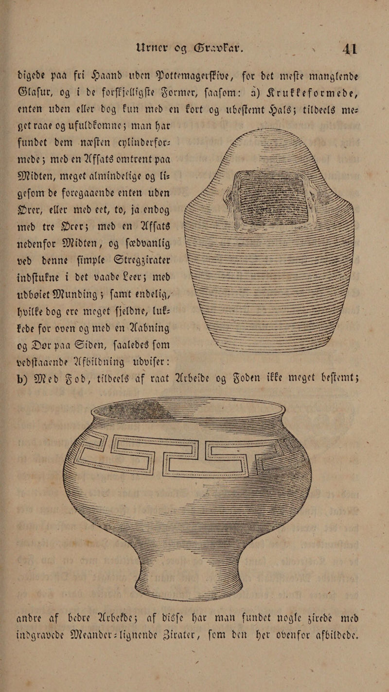 bigebe paa fri $aanb uben spottcmagorfftre, for bet ni?fle manglcnbe ©lafur, og i be forffjedfgfle germer, faafom: a) jfruffeformebe, enten uben eller bog fun meb cn fort og ubeflemt jpalS; tilbedt me; get rane og ufulbfcmne; man tøar funbet bem ner flen cplinberfor; mebej meb en 2fffaté omtrent paa £D?ibten, meget almtnbeltge og tis gefom be foregaaenbe enten uben ©rer, eller meb eet, to, ja enbog meb tre ©rer; meb en 2Tffat$ nebenfor Sfltbfen, og fcebranlig reb benne ftmple ©tregjfrater inbffufne i bet raabeSeer; meb ubbøietStøunbing} famt enbelig/ tørilfe bog ere meget fjelbne, luf; febe for ooen og meb en Kabning og Øtørpaa øtben, faalebeS fom rebjtaaenbe ?lfbllbning ubrifer: b) 5)? eb gob, tilbeds af raat Krbeibe og goben tf fe meget bejlemt; anbre af bebte Kcbefbe; af btéfe t)ar man funbet nogle jtrebe meb mbgrarebe SWeanbcrs ligucnbe pirater, fom ben tøer obenfor afbtlbcbc.