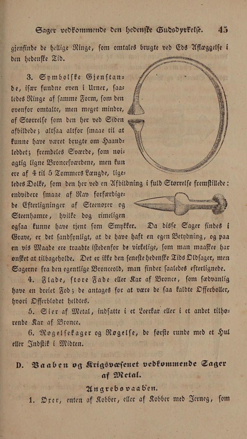 gjenftnbe be &amp;ctlige Slinge, (om omtalet brugte øeb (5b3 ^fftaeggetfe i ben fyebenffe Sib, 3, ©\)m6olffe (B j e n f t a n s be, ifcec funbne ooen i Urner, faas IcbeS 9?tnge af famme gorm, fom ben oøenfor omtalte, men meget mtnbre, af ©tørrelfe fom ben l)ec oeb ©iben afbitbebe 5 altfaa altfor fmaae til at funne f)aoe næret brugte om $aanbs lebbet, ftembeleS ©ocerbe, fom nøi= agtig ligne S3roncefoærbene, men fim ere af 4 tit 5 Sommers Scengbe, liges lebeSDolfe, fom ben tøet oeb en Tffbilbning i fulb ©tørrelfe fremfliltebc: enboibere fmaae af 9? an forfoerbige; be Efterligninger af ©teenøjrer og ©teenf)amre, fynilfc bog rimeligen ogfaa funne bane tjent fom ©mpffer* Da bisfe ©ager ftnbeS i ©rane, et bet fanbfpnligt, at be tøaøe f)aft en egen SSetpbning, og paa en niS Sflaabe ere traabte iftebenfor be nirfelige, fom man maaffee t)ac ønffet at tilbage&amp;olbe. Det et iffe ben fenejle ^ebenffe SibS Dlbfager, men ©agerne fra ben egentlige 23ronceolb, man ftnber faalebeS efterlignebe. 4* giabe, ftore gabe eller Sat af 33ronce, fom fcebnanlig bane en breiet gob> be antages for at nære be faa falbte Dfferboller, bnoti £>fferblobet ^elbteS* 5. ©i er af SWetal, inbfatte i et Seerfar eller i et anbet ti tøøs tenbe jfat af 83ronce* 6. Iftøg el fefager og 9?øgelfe, be førjte runbe meb et #ut eller Snbjiif i S^ibten* D. &amp;<taben og ^tigéoccfcnet ocbfonnnenbc <^agcv ftf £92ctftl* 2fngrebøx>aaf)em 1. $jrer, enten af kobber, eller af kobber meb Setneg, fom