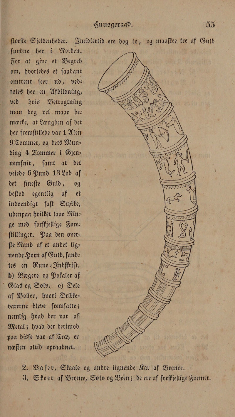 ^tuiøgera<&amp;. / jtorfte Øjelbentøeber. Smtblertib ere bog to, og maaffee tre af ©utb funbne ber i letben, got at giDe et begreb om, b*>orlcbcS et faabant / / omtrent feer ub, Debs føicS bet en 2lfbilbntng, Deb b^ré betragtning man bog Det maae bes mærfe, at £ængbcn af bet ber fremjtillebe Dar 1 2(ten 9Sommer, og beté SD?«n- bing 4 Sommer i ©jern nemfnit, famt at bet oeiebe 6 spunb 13 2ob af bet ftnefte ©utb, og bejtob egentlig af et inboenbigt fa ft øtpffe, ubenpaa botlfet taae 9\in- ge meb forffjetligc gores ftitlinger. *Paa ben øoets flc Øtanb af et anbet ligs nenbe^orn af@utb,fanb= te$ en SRuneaSnbffrift* b) bægere og ^Pofalet af ©la$ og øølo. c) Sele af botter, f)t>ori Stiffes. Darerne bleDe fremfatte> nemlig Joab bet *>ar af Sftetal > fyDab ber berimob paa btéfe Dar afSræ> er næjten attib opraabnet* 2. bafer, øfaale og anbre lignetibe j?ar af brenee, 3. ©feer af bronce, ©øtu og beenj be ere af forffjelltgo gormer.