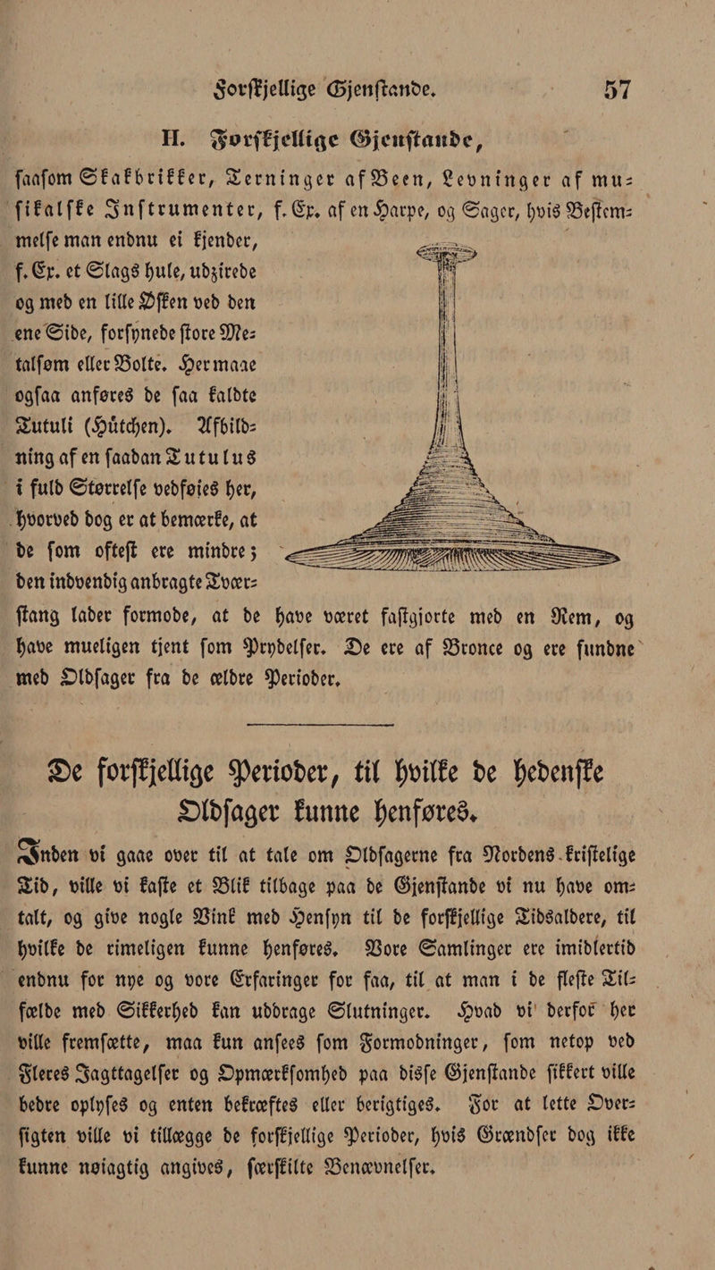 II. ^jøffljctttge ©jeitftrtnfcc, faafom ©fafbriffer, Serninget af S5een, £eontnger af mus fif at ff c ^nftr umenter, f.Ep. afen^arpe, og ©ager, tjoiS SSeP’cm- metfe man enbnu et fjenber, f. Ep. et ©tagS bute, ub^irebe og meb en titte Dffen oeb ben ene©ibe, forfpnebeflorenes talføm etter 03olte. Jpermaae ogfaa anføres be faa fatbte Sutult (Ruteben). Stfbilbs tting af en faaban S u t u t u S t fulb ©tørretfe oebføieS fjer, booroeb bog er at bemærfe, at be fom ofteft ere minbre; ben inboenbtg anbragte Soærs ftang taber formobe, at be f)aoe oæret fajfgiorte meb en Olem, og f)aoe mueligen tjent fom sJ)rpbetfer. De ere af S3tonce og ere funbne meb Dlbfager fra be ælbre ^eriober. £>e fotffjellijje $mot>er, til fyritfe t>e f)cbcnf!e £)ft>jaget Eumte l)enføre§. Snbcn »i (jaae o»ec tit at tale cm Dlbfagerne fta DiorbenS. ftifielige Sib, oitle oi fafte et SSlif tilbage paa be ©jenjfanbe o i nu b<we oms tatt, og gioe nogle 53inf meb øpenfpn tit be forffjeltige SibSatbere, tit fjoitfe be rimetigen funne t)enføreS. 33ore ©amlinger ere imibtertib enbnu for npe og oore Erfaringer for faa, tit at man i be ftefte Sits fælbe meb ©iffertjeb fan ubbrage ©tutninger. ^)oab oi' berfof tyz oilte fremfætte, maa fun anfeeS fom gormobninger, fom netop oeb gteceS Sagttagetfer og Dpmærffombeb paa bisfe Ejenftanbe fiffert oilte bebre optpfeS og enten befræfteS etter becigtigeS. got at lette Doers figten oilte oi tittægge be forffjeltige ^eriober, t)oiS Erænbfcc bog iffe funne nøiagtig angiocS, færffilte S3enæunctfer.