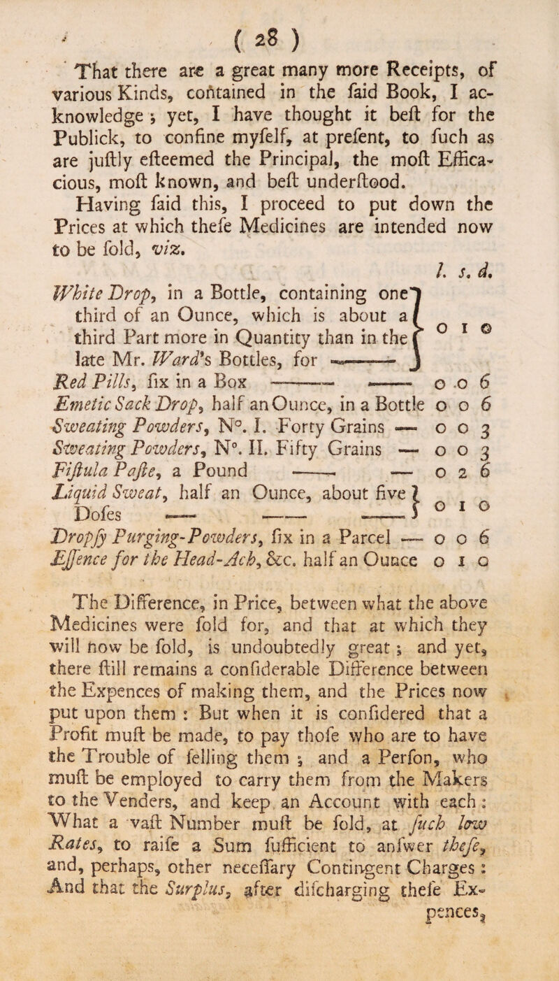 That there are a great many more Receipts, of various Kinds, contained in the faid Book, I ac¬ knowledge *, yet, I have thought it bell for the Publick, to confine myfelf, at prefent, to fuch as are juftly efteemed the Principal, the moft Effica¬ cious, moft known, and beft underftood. Having faid this, I proceed to put down the Prices at which thefe Medicines are intended now to be fold, viz. White Drop, in a Bottle, containing onel third of an Ounce, which is about a / third Part more in Quantity than in the I* late Mr. Ward*s Bottles, for —— J Red Pills, fix in a Box -——— — Emetic Sack Dr op) half an Ounce, in a Bottle Sweating Powders, N°. I. Forty Grains — Sweating Powders, N°. II. Fifty Grains — Fijiula Pajle, a Pound -- — Liquid Sweaty half an Ounce, about five 1 Dofes — ---3 Dropjy Purging-Powders? fix in a Parcel — Ejfence for the Head-Ach, &c. half an Ounce <• s« d, O I Q GO 6 O G 6 003 003 02 6 010 006 GIG The Difference, in Price, between what the above Medicines were fold for, and that at which they will now be fold, is undoubtedly great; and yet, there ftill remains a confiderable Difference between the Expences of making them, and the Prices now put upon them : But when it is confidered that a Profit muft be made, to pay thole who are to have the Trouble of felling them ; and a Perfon, who muft be employed to carry them from the Makers to the Venders, and keep an Account with each: What a vaft Number muft be fold, at fuch low Rates, to raife a Sum fufficient to anfwer thefe, and, perhaps, other neceffary Contingent Charges: And that the Surplus? after difeharging thefe Ex- pences |
