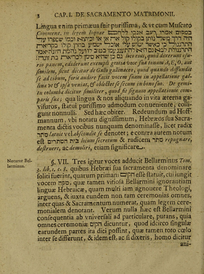 larminus. ‘ — ^ ! : * , m Ἢ ne - lk s B. δὺς : 4 - ^ Σ u -- Lingua enim primzua fuit puriffima; & vt cam Mufeato | f | 77 3 Ν ΞΡ ^N DIPD> y DDR 22 NDR IN TON. Din 023 Inn Ὁ IT 0 s Hr non 91 202 0y 3ynno ejm pi 8:2? nowoanmn rio panem, ediderunt exempt gratia voce fua tonum A,E, 0, E fimilem, ficut. dicitur de Galla gallinaceo, quod quando diffundit. fe 4d cibum, faris audire facit vocem fuam in appellatione gal- line vt ES ipfa veniat, C9 obletlet fe fecum in Lono fuo. De gemi- zu columba dicitur fimiliter , quod fit fignum appellatzonts com- — | paris fue; qualingua & nos aliquando in vita eterna ga- vifuros, ftatui puriffimo admodum conueniente ; colli- mannum, vbi notatu digniffimum, Hebraeos fua Sacra- menta dictis vocibus nunquam denominafle, licet radix ro /aruit v elalfcondit fe denotet ; econtra autem notum deflruere, ac demoliri, etiam fignificare. .. '$. VII. Tres igitur voces adducit Bellarminus Τοῦ. 2. lib.i. c. 8. quibus Hebrai fua facramenta denominare foliti fuerint, quarum primam Opriefle ftatuit, cui iungit vocem npo, quz tamen vitiofa Bellarmini ignorautiam arguens, &iuxta eundem non tam ceremonias omnes, inter quas & Sacramentum numerat, quam legem cere- monialem denotant. Verum nulla hac eft Bellarmini omnesceremonie D’pn dicuntur, quod idcirco fingule earundem partes ita dici poffint, qua tamen toto ccelo ani- \