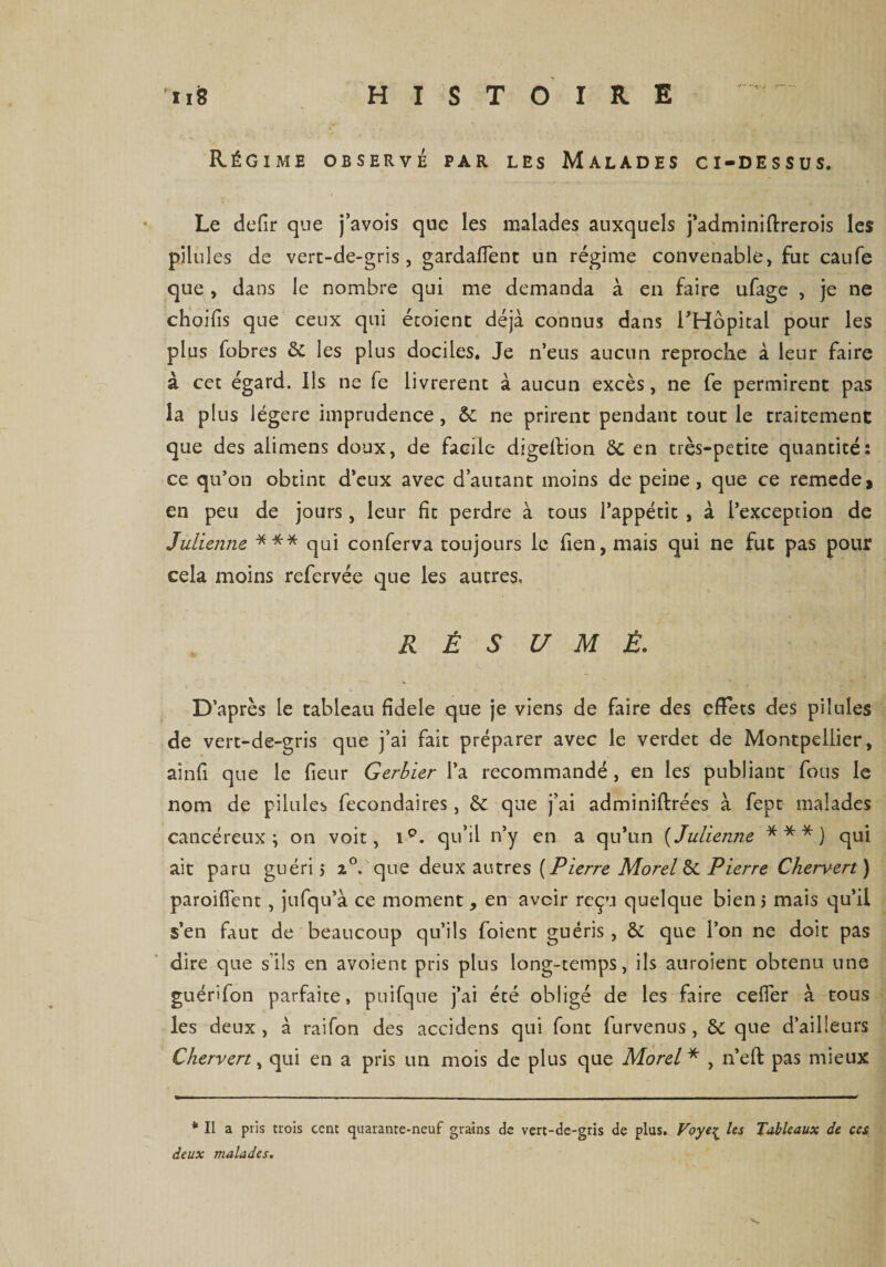 Régime observé par les Malades ci-dessus. Le defîr que j’avois que les malades auxquels j’adminiftrerois les pilules de vert-de-gris, gardaffent un régime convenable, fut caufe que , dans le nombre qui me demanda à en faire ufage , je ne choifis que ceux qui étoient déjà connus dans l'Hôpital pour les plus fobres & les plus dociles. Je n’eus aucun reproche à leur faire à cet égard. Ils ne fe livrèrent à aucun excès, ne fe permirent pas la plus légère imprudence, ôc ne prirent pendant tout le traitement que des alimens doux, de facile digelbion 8c en très-petite quantité: ce qu’on obtint d’eux avec d’autant moins de peine, que ce remede, en peu de jours, leur fit perdre à tous l’appétit , à l’exception de Julienne *** qui conferva toujours le fien, mais qui ne fut pas pour cela moins refervée que les autres, R É S U M Ë. D’après le tableau fïdele que je viens de faire des effets des pilules de vert-de-gris que j’ai fait préparer avec le verdet de Montpellier, ainfi que le fieur Gerbier l’a recommandé, en les publiant fous le nom de pilules fecondaires, & que j’ai adminiftrées à fept malades cancéreux; on voit, ip. qu’il n’y en a qu’un (Julienne ***) qui ait paru guéri 5 20. que deux autres [Pierre Morel & Pierre Chervert ) paroiflent , jufqu’à ce moment, en avoir reçu quelque bien* * mais qu’il s’en faut de beaucoup qu’ils foient guéris , & que l’on ne doit pas dire que s’ils en avoient pris plus long-temps, ils auroîent obtenu une guérifon parfaite, puifque j’ai été obligé de les faire cefler à tous les deux , à raifon des accidens qui font furvenus, & que d’ailleurs Chervert, qui en a pris un mois de plus que Morel * , n’eft pas mieux * Il a pris trois cent quarante-neuf grains de vert-de-gris de plus. Voye^ les Tableaux de ces deux malades.