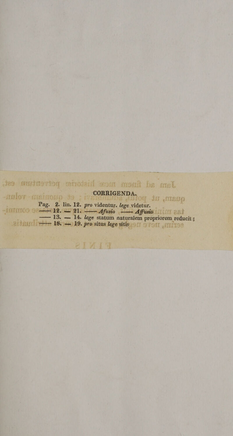 Pag. 2. -12. -13. -18, iiTI: l CORRIGENDA. •- ' • • • ili ,:nmop lin. 12. pro videntur, lege videtur. 21. -Afusio -- Affusio — 14. tege statum naturalem propriorem reducit; — 19. pro situs lege sitis