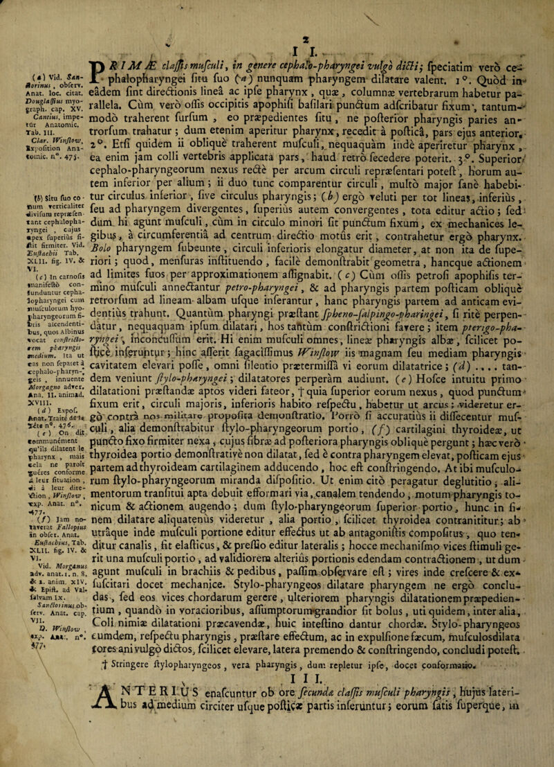 r («) Vid. Sa.n- Horinus , obferv. A nat. loc. citat. Vouglaijius myo- graph. cap. XV. Cantius, impe- tdr Anatomic. Tab. ili. Clar. IVinJlow, Xxpofition Ana- «otnic. n°. 47j- \b) Situ fuo eo • num »etticaliter aivifutn repvsfen- *ant cephulopha- lyngei , cujus »pex fupetius fl- tflit firmiter. Vid. TLitftaebii Tab. XLII. fig. IV. & VI. (c) In carnofis tnanifeftd con- iunduntur cepha- Jophaiyngei cum mufculoruin hyo- fharyngeorum fi- Inis alcendenti- bus, quos Albinus vocat conjlnfto- tem pharyngis medium. Ha ut eas non fepaiet a «ephalo-pharyn-* geis , innuente Morgagno ad»er. Ana. II. animjtd. Xviii. ( d ) Expoli A-nat. Traite deU T«te n°. 47^ l e ) On dit . temmunement <ju’i!s dilatent le pharynx , mais cela ne paroit gueres conforme £ leur fituation , <di a leur dire- VHon , Winjlow , xxp. Anat. n°. -477- (/) Jam no¬ taverat Fallopius 3n obfer. Anat. Euftacbius, Tab. XLII. fig. IV. & VI. Vid. MorgAnus adv. anat.i. n. 8. & z. anim. XIV. ii Bpift. ad Val- falvam Ix. Sanfloiinui ob¬ ferv. Anat. cap. Vji. J). Winjlow , Ui>. Aa*:. n°. *77> P N I I. V R IM JE clajfts mufculi, in genere cephaTo-pharyngei vulgo ditti; fpeciatim vero ce- phalopfiaryngei fitu fuo (*) nunquam pharyngem dilatare valent. i°. Quod in* eadem fint diredionis linea ac ipfe pharynx , quae, columnae vertebrarum habetur pa¬ rallela. Cum vero ollis occipitis apophifi bafilari pundum adferibatur fixum*, tantum-- modo traherent furfum , eo praepedientes fitu, ne pofterior pharyngis paries an- trorfum trahatur ; dum etenim aperitur pharynx, recedit a poftica, pars ejus anterior,- 2°. Etfi quidem ii oblique traherent mufculi, nequaquam inde aperiretur pharynx, ea enim jam colli vertebris applicata pars , haud retro lecedere poterit. 3 °. Superior*1 cephalo-pharyngeorum nexus rede per arcum circuli repraefentari poteft, horum au¬ tem inferior per alium; ii duo tunc comparentur circuli, multo major fane habebi¬ tur circulus inferior , five circulus pharyngis; (b) ergo veluti per tot lineas, inferius, feu ad pharyngem divergentes, fuperius autem convergentes , tota editur adio; fed: dum hi agunt mufculi, cum in circulo minori fit pundum fixum, ex mechanices le¬ gibus, a circumferentia ad centrum diredio motus erit, contrahetur ergo pharynx. Bolo pharyngem fubeunte , circuli inferioris elongatur diameter, at non ita de fupe- riori; quod, menfuras inftituendo , facile demonftrabit geometra, haneque adionem ad limites fuos per approximationem affignabit. (c) Cum offis petrofi apophifis ter¬ mino mufculi annedantur petro-pharynge i, & ad pharyngis partem pofticam oblique retrorfum ad lineam- albam ufque inferantur, hanc pharyngis partem ad anticam evi¬ dentius trahunt. Quantum pharyngi praeftant fpheno-Jdlpingo-pharingei, fi rite perpen¬ datur , nequaquam ipfum dilatari, hos tafttum conftridioni favere; item ptengo-pha- ryngei \ ihconCuflum erit. Hi enim mufculi omnes, lineae phitryngis albae, fcilicet po- fticejnferuptpr; hinc aflerit fagaciffimus VFinJlow iis magnam feu mediam pharyngis cavitatem elevari poffie, omni filentio prajtermifla vi eorum dilatatrice; (d) .,.. tan¬ dem veniunt flylo-pharyngei; dilatatores perperam audiunt, (e) Hofce intuitu primo dilatationi prasftandae aptos videri fateor, tquia fuperior eorum nexus, quod ptindum-4 fixum erit, circuli majoris, inferioris habito refpedu , habetur ut arcus; .videretur er¬ go contra nos militare propofica demonftratio. iJorro fi accuratius ii diffiecentur muf¬ culi , alia demonftrabitur ftylo-pharyngeorum portio, (f) cartilagini thyroidea, ut pundo fixo firmiter nexa , cujus fibrae ad pofteriora pharyngis oblique pergunt; hsec vero ■ thyroidea portio demonftrativenon dilatat, led & contra pharyngem elevat, pofticam ejus- partem ad thyroideam cartilaginem adducendo , hoc eft conftringendo. At ibi mufculo¬ rum ftylo-pharyngeorum miranda difpofitio. Ut enim cito peragatur deglutitio; ali¬ mentorum tranfitui apta debuit efformari via, canalem tendendo, motum pharyngis to- nicum & adionem augendo; dum ftylo-pharyngeorum fuperior portio, hunc in fi¬ nem dilatare aliquatenus videretur , alia portio , fcilicet thyroidea contranititur; ab’ utraque inde mufculi portione editur effedus ut ab antagoniftis compofitus, quo ten¬ ditur canalis, fit elafticus, & preffio editur lateralis; hocce mechanifmo vices ftimuli ge¬ rit una mufculi portio , ad validiorem alterius portionis edendam contradionem , ut dum agunt mufculi in brachiis Sepedibus, paffim obfe.rvare eft; vires inde crefcere & ex* fufeitari docet mechanice. Stylo-pharyngeos dilatare pharyngem ne ergo conclu¬ das, fed eos vices chordarum gerere, ulteriorem pharyngis dilatationem praepedien¬ tium , quando in voracioribus, affumptorum«grandior fit bolus, uti quidem, inter alia. Coli nimiae dilatationi praecavendae, huic inteftino dantur chordae. Stylo-pharyngeos cumdem, refpedu pharyngis, praeftare effedum, ac in expulfione faecum, mufculosdilata Cores ani vulgo didos, fcilicet elevare, latera premendo & conftringendo, concludi poteft, *i Stringere ftylopharyngeos , vera pharyngis, dum repletur ipfe, docet conformatio, . s I I I. AN T E R LU S enafeuntur ob ore fecunda clafjis mufculi pharyngis , hujus lateri¬ bus acTinedium circiter ufque poftR* partis inferuntur; eorum fatis fuperque, m