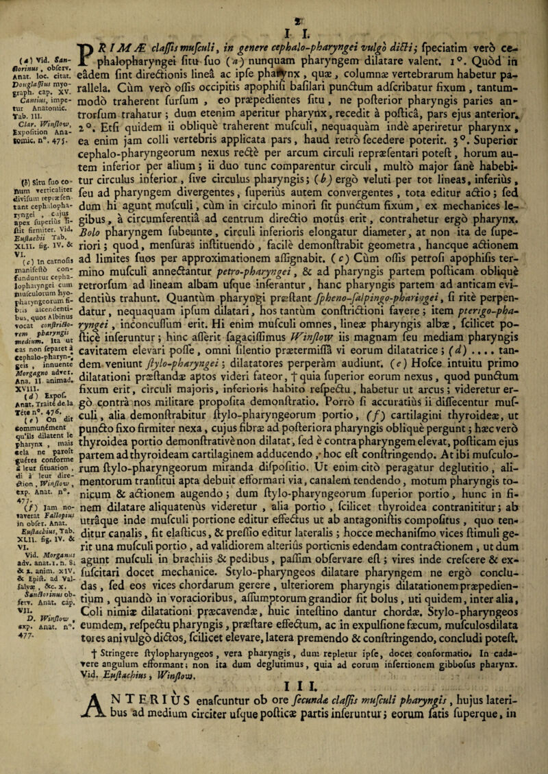 Vid. San- florinus , obferv. Anat. loc. citat. I)ougla!Jius myo- graph. cap. XV. Cantites, impe¬ tui Anatomic. Tab. 111. Clar. V/inflow, Expofition Ana- tvmic. n°. 475- [l) Situ fuo co¬ llum xerticaliter divifuvn repraefen- tant cephalopha- lyngei , cujus apex fuperius u- ftit firmiter. Vid. Euftuehii Tab. XLII. fig- IV. & (c) In carnofi» irtanifefto con¬ funduntur cepha- lophatyngei cum tuufculorum hyo- jiharyngeorum fi¬ bris atcendenti- bus, quos Albinus vocat conftrillo- rem pharyngis medium. Ita ut eas non fepaiet a Cephalo-phatyn- geis , innuente Morgagno adver. Ana. II animad. XVIII. («*) Expor. Anat. Traite de la Tetc n°. 47 6- (e) On dit Commun£ment qu’ils dilatent le pharynx , mais eela ne paroit gueres conforme £ leur fituation , di a leur dire- ttion , Winjlow , exp. Anat. n°. 47 7- (/) Jam no¬ taverat Fallopius in obfer. Anat. Euftachius, Tab. XLII. fig. IV. & VI. Vid. Morganus adv. anat.i. n. 8: & i. anim, xlV. «c Epift. ad Val- falvse , &c. x. Sanfloiinus ob¬ ferv. Anat. cap. VII. D. Winjlow , sxp. Anat. n°. , • • I I. PR IM M claffis mufculi, in genere cephalo-pharyngei vulgo di fi i, fpeciatim vero ce- phalopharyngei fitu fuo (a) nunquam pharyngem dilatare valent. i°. Quod in eadem fint directionis linea ac ipfe phalanx , quae, columnae vertebrarum habetur pa¬ rallela. Cum vero offis occipitis apophifi bafilari pundum adfcribatur fixum , tantum¬ modo traherent furfum , eo praepedientes fitu, ne pofterior pharyngis paries an~ trorfum trahatur ; dum etenim aperitur pharynx, recedit a poftica, pars ejus anterior. 2°. Etfi quidem ii oblique traherent mufculi, nequaquam inde aperiretur pharynx, ea enim jam colli vertebris applicata pars, haud retrofecedere poterit. 30. Superior cephalo-pharyngeorum nexus rede per arcum circuli reprasfentari poteft, horum au¬ tem inferior per alium; ii duo tunc comparentur circuli, multo major fane habebi¬ tur circulus inferior , five circulus pharyngis; (b) ergo veluti per tot lineas, inferius, feu ad pharyngem divergentes, fuperius autem convergentes, tota editur adio; fed dum hi agunt mufculi, cum in circulo minori fit pundum fixum, ex mechanices le¬ gibus , a circumferentia ad centrum diredio motus erit, contrahetur ergo pharynx. Bolo pharyngem fubeunte, circuli inferioris elongatur diameter, at non ita de fupe- riori; quod, menfuras inftituendo , facile demonftrabit geometra, hancque adionem ad limites fuos per approximationem affignabit. ( c) Cum offis petrofi apophifis ter¬ mino mufculi annedantur petro-pharyngei, & ad pharyngis partem pofticam oblique retrorfum ad lineam albam ufque inferantur, hanc pharyngis partem ad anticam evi¬ dentius trahunt. Quantum pharyngi prssftant fpheno-falpingo-pharhgei, fi rite perpen¬ datur , nequaquam ipfum dilatari, hos tantum conftridioni favere ; item ptengo-pha- ryngei , inconcuflum erit. Hi enim mufculi omnes, lineas pharyngis albas , fcilicet po- ftice inferuntur; hinc aflerit fagaciffimus Winjlow iis magnam feu mediam pharyngis cavitatem elevari pofle, omni filentio prastermifla vi eorum dilatatrice; (d) .... tan¬ dem veniunt fiylo-pharyngei; dilatatores perperam audiunt. (e) Hofce intuitu primo dilatationi prssftandas aptos videri fateor, tquia fuperior eorum nexus, quod pundum fixum erit, circuli majoris, inferioris habito refpedu, habetur ut arcus; videretur er¬ go contra nos militare propofita demonftratio. Porro fi accuratius ii difTecentur muf¬ culi, alia demonftrabitur ftylo-pharyngeorum portio, (f) cartilagini thyroideae, ut pundo fixo firmiter nexa, cujus fibras ad pofteriora pharyngis oblique pergunt; hasc vero thyroidea portio demonftrative non dilatat, fed e contra pharyngem elevat, pofticam ejus partem ad thyroideam cartilaginem adducendo ,• hoc eft conftringendp. At ibi mufculo- rum ftylo-pharyngeorum miranda difpofitio. Ut enim cito peragatur deglutitio, ali¬ mentorum tranfitui apta debuit efformari via, canalem tendendo, motum pharyngis to- nicum & adionem augendo; dum ftylo-pharyngeorum fuperior portio, hunc in fi¬ nem dilatare aliquatenus videretur , alia portio , fcilicet thyroidea contranititur; ab utraque inde mufculi portione editur effedus ut ab antagoniftis compofitus, quo ten¬ ditur canalis, fit elafticus, & preffio editur lateralis; hocce mechanifmo vices ftimuli ge¬ rit una mufculi portio , ad validiorem alterius porticnis edendam contradionem , ut dum agunt mufculi in brachiis & pedibus, paffim obfervare eft ; vires inde crefcere & ex- fufcitari docet mechanice. Stylo-pharyngeos dilatare pharyngem ne ergo conclu¬ das, fed eos vices chordarum gerere, ulteriorem pharyngis dilatationem praepedien¬ tium , quando in voracioribus, affumptorumgrandior fit bolus, uti quidem, inter alia. Coli nimis dilatationi praecavendas, huic inteftino dantur chordas. Stylo-pharyngeos cumdem, refpedu pharyngis, prasftare effedum, ac in expulfione fecum, mufculosdilata tores ani vulgo didos, fcilicet elevare, latera premendo & conftringendo, concludi poteft. j-Stringere ftylopharyngeos , vera pharyngis, dum repletur ipfe, docet conformatio* In cada¬ vere angulum enormant; non ita dum deglutimus, quia ad eorum infertionem gibbofus pharynx. Vid. Eujlachius, Winflow, . • ' iii. . ANTERIUS enafcuntur ob ore fecunda clafjis mufculi pharyngis , hujus lateri¬ bus ad medium circiter ufque pofticae partis inferuntur; eorum fatis fuperque, in