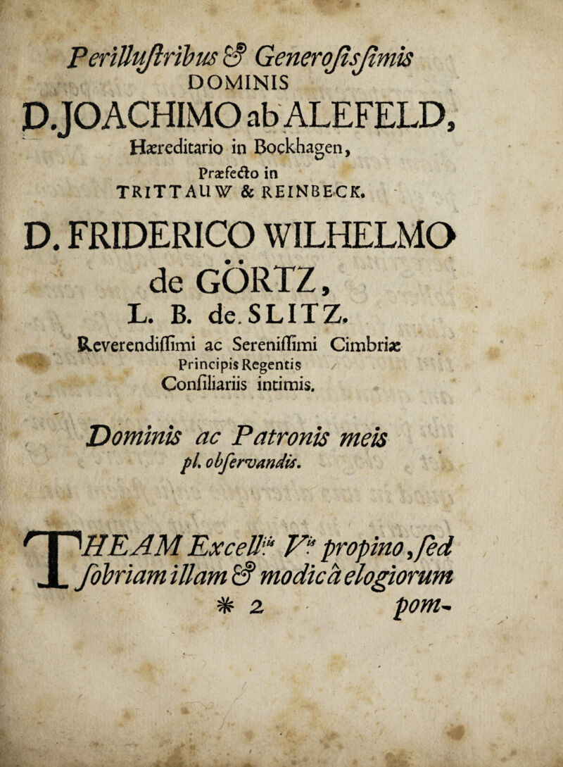 * / i > P erillu[iribus $ Genero fis (imis DOMINIS D. JOACHIMO ab ALEFELD, Hxreditario in Bockhagen, Pra:fe<$o in TRITTAUW & REINBE-CK. D. FRIDERICO WILHELMO de GORTZ, L. B. de.SLITZ. Reverendiflimi ac Sereniffimi Cimbrix Principis Regentis Confiliariis intimis. Dominis ac Patronis meis pi obfervattdis. BEAMExceW Vupropino,feci fobriam illam & modica elogiorum * 2 pom~ t