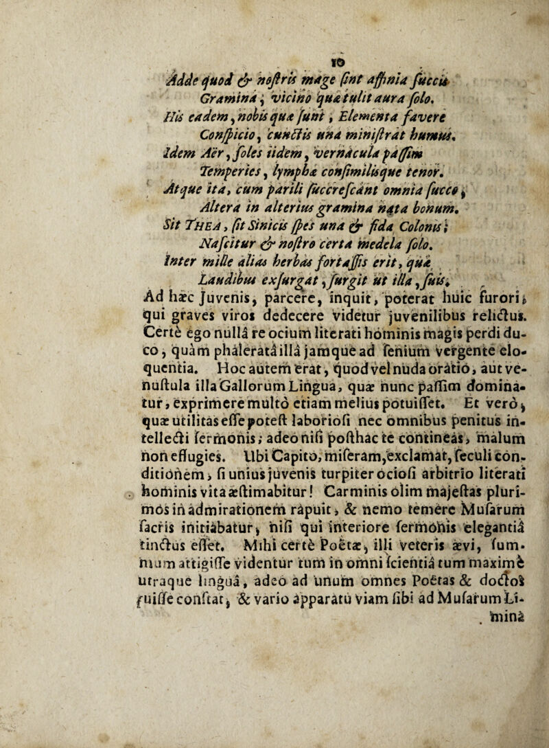 Adde quod <£* n&firis mage (int affinia fucas Gramina , vicino qua tulit aura folo. His eadem,nobis qua funi , Elementa favere Confpicio, cunilis una miniftrdt humus* Idem Air ,j'oles ii dem, vernacula paffim Temperies, lympha confimilisque tenor. Atque ita, cum parili (uccrefcdnt omnia fucco, Altera in alterius gramina nata bonum. Sit The a, [it Sinte is (pes una & fida Colonis; Nafcitur & no(lro certa medela (olo. Inter mille alias herbas fori ajfis erit, qua Laudibus ex jurgat,fur,git ut illa „ Ad hic Juvenis, parcere, inquit, poterat huic furori* qui graves viros dedecere videtur juvenilibus reliftus. Certe ego null£ re ocium literati hominis magis perdi du¬ co, quam phalerata illa jamque ad fenium vergente elo¬ quentia. Hoc autem‘erat , quod vel nuda oratio, autve- nuftula illa Gallorum Lingua, qua? hunc paffim domina¬ tur, exprimere multo etiam melius potuiflet. Et vero, quae utilitas effepoteft laboriofi nec omnibus penitus in- telledi termonis; adeonifi pofthac te contineas, malum hon effugies. Ubi Capito, miferam,exclamat, feculi con¬ ditionem > fi unius jhvenis turpiter ociofi arbitrio literati hominis vitaaeftimabitur! Carminis olim majeftas pluri¬ mos ih admirationem rapuit , & nemo temere Mufarurri facris initiabatur , nili qui interiore termonis eleganti^ tinftus effet. Mihi cert& Poetae, illi veteris aevi, fum* mum attigiffe videntur tum in omni (cientia tum maximfe utraque lingua , adeo ad iinurn omnes Poetas & do<$ol fuiffe coni tat, & vario apparatu Viam fibi ad MufarumLL mina