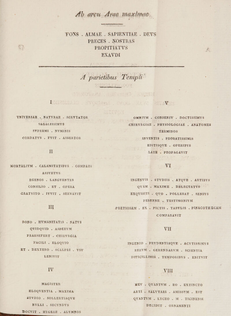 Ab arcu Atm mawlmm FONS . ALMAE . SAPIENTIÀE . DEVS PRECES . NOSTRAS PROPITIATVS EXAVDI A parietìbus Templi I v VKIYERSAE . NATVRAE . SCRVTATOR SAGACISSIMVS 5YPREMI . NVMINIS CORDATVS . FYIT . ASSERTOR II OMNIVM . CONSENSV . DOCTISSIMVS CHIRVRGIAE . PHYSIOLOGIAE . ANATOMES TERMINOS INVENTIS . PROBATISSIMIS ED1TISQVE . OPERIBVS LATE . PROPAGAVIT HORTALIVM . GALANIITAT1BVS . COMPATÌ ÀSSVETVS EGENOS . LANGVENTES CONSILIO . ET . OPERA 6RATVIT0 . IVVIT . SERVAVIT IH BONO . HVMANITATlS . KATVS QVIDQVID . ASPERYM PRAESEPERT . CHIRVRGIA FACILI . ELOQVIO ET . DEXTERO . SCALPRI . VSY LENIY1T VI INGENVIS . STVDIIS . ATQVE . ÀRTIBVS QYAM . MAXIME . DELECTATVS EXQYISITI . QVO . POLLEBAT . SENSVS PERENNE . TESTIMONIVM PRETIOSAM . EX . PICTIS . TABVLIS . PINACOTH ECAM COMPABAY1T VII INGENIO . PRYDENTIAQVE . ACVTISSIMVS P.ERVM . GERENDARVM . SCI ENTI A DITIC1LLIMIS . TEMPORIBVS . ENITVIT IV Vili MAGISTER ELOQVENTIA . MAXIMA STVDIO . SOLLERTIA(^VE KVLLI . SECVNDVS BOCVIT . HYGEAE . ALYMNOS HEV . QVANTYM . EO . ENTINCTO ARTI . SALYTARI . AMISSYM . EST QVANTYM . LYCEO . M . TICINENSI CECIDIT . ORNAMENTI