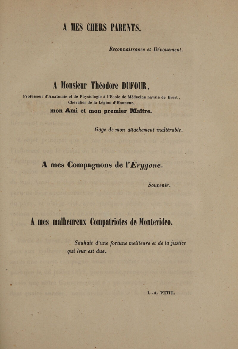 a mes ciiers parents. Reconnaissance et Dévouement. A Monsieur Théodore DUFOUR, Professeur d’Anatomie et de Physiologie à l’Ecole de Médecine natale de Brest, Chevalier de la Légion d’Honneur, mon Ami et mon premier Maître. Gage de mon attachement inaltérable. A mes Compagnons de Y Erygone. Souvenir. A mes malheureux Compatriotes de Montevideo. Souhait d'une fortune meilleure et de la justice qui leur est due.