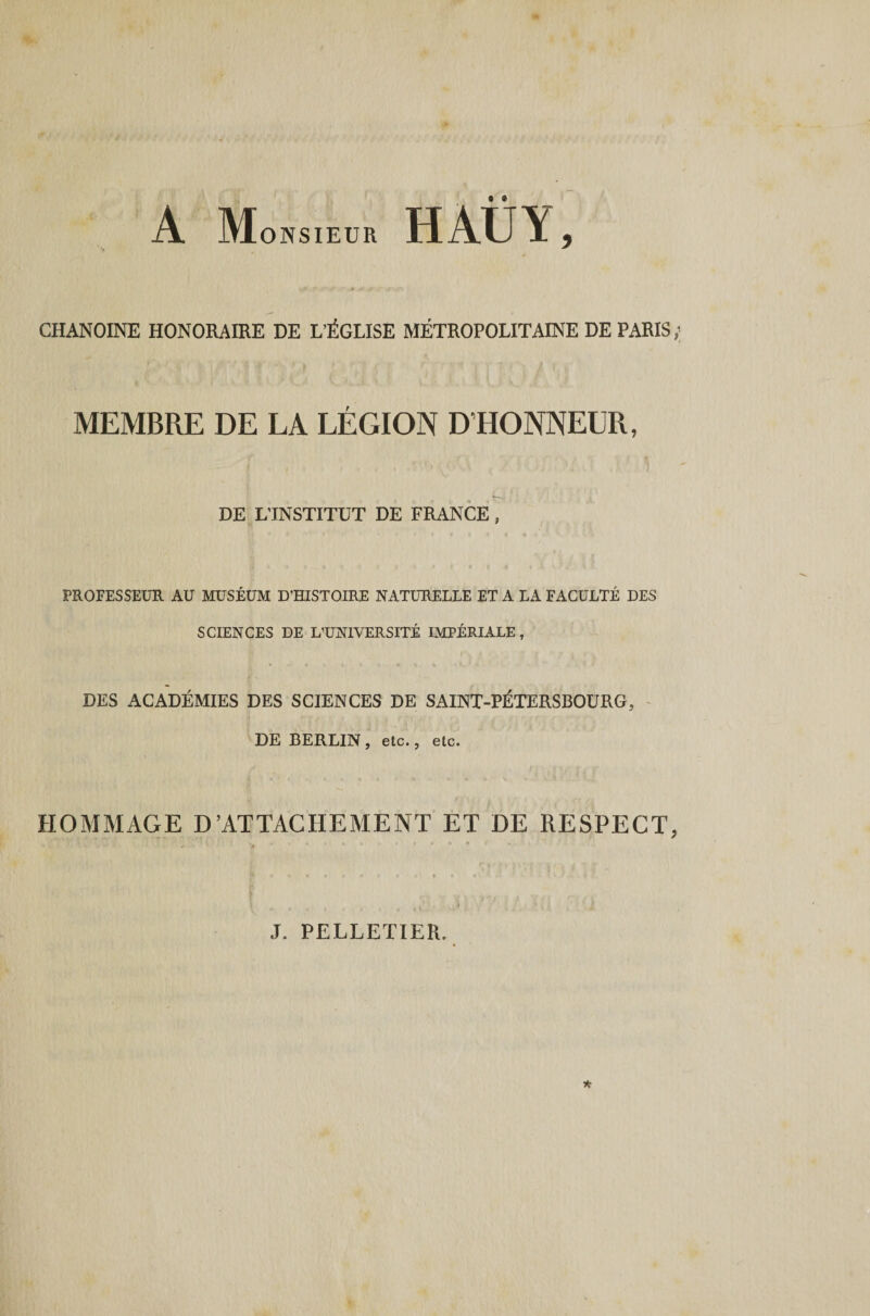 CHANOINE HONORAIRE DE L’ÉGLISE MÉTROPOLITAINE DE PARIS; MEMBRE DE LA LÉGION D’HONNEUR, DE L’INSTITUT DE FRANCE, PROFESSEUR AU MUSÉUM D'HISTOIRE NATURELLE ET A LA FACULTÉ DES SCIENCES DE L’UNIVERSITÉ IMPÉRIALE, DES ACADÉMIES DES SCIENCES DE SAINT-PÉTERSBOURG, DE BERLIN , etc., etc. HOMMAGE D’ATTACHEMENT ET DE RESPECT, J. PELLETIER.