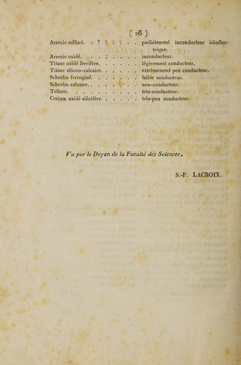Arsenic sulfuré. ; - ? ï ï . Arsenic oxide. . . ? . Titane oxide ferrifère. Titane siliceo-calcaire. Scheelin ferruginé. Scheelin calcaire. Tellure.. Cérium oxidé silicifère. parfaitement inconducteur idioélec- trique. inconducteur. légèrement conducteur. extrêmement peu conducteur. faible conducteur. non-conducteur. très-conducteur. très-peu conducteur. Vu par le Doyen de la Faculté des Sciences3 S.-F. LACROIX.