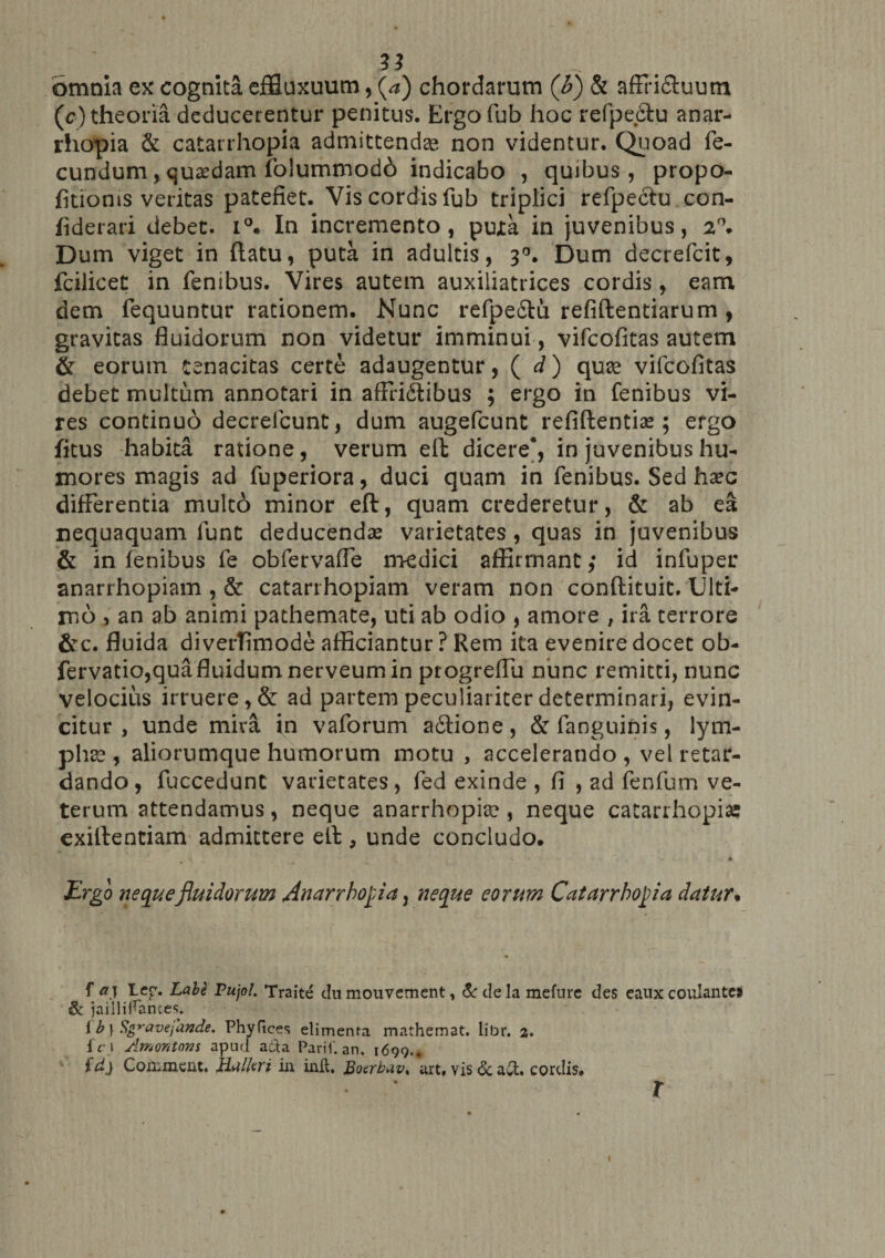3 3 omnia ex cognita effluxuum, (a) chordarum (b) &amp; affri&amp;uum (c) theoria deducerentur penitus. Ergofub hoc refpe&amp;u anar- rhopia &amp; catarrhopia admittendae non videntur. Quoad fe¬ cundum , quaedam folummod6 indicabo , quibus, propo- fitioms veritas patefiet. Vis cordis fub triplici refpeciu con- fiderari debet. i°* In incremento, puta in juvenibus, 2°. Dum viget in flatu, puta in adultis, 30. Dum decrefcit, fcilicet in fenibus. Vires autem auxiliatrices cordis, eam dem fequuntur rationem. Nunc refpe&amp;u refiftentiarum , gravitas fluidorum non videtur imminui, vifcofitas autem &amp; eorum tenacitas certe adaugentur, ( d) quae vifcofitas debet multum annotari in affrictibus ; ergo in fenibus vi¬ res continuo decrelcunt, dum augefcunt refiftentiae; ergo fltus habita ratione, verum efl dicere*, in juvenibus hu¬ mores magis ad fuperiora, duci quam in fenibus. Sed haec differentia multo minor efl, quam crederetur, &amp; ab ea nequaquam funt deducendae varietates, quas in juvenibus &amp; in fenibus fe obfervaffe medici affirmant,* id infuper anarrhopiam , &amp; catarrhopiam veram non conftituit. Ulti¬ mo , an ab animi pathemate, uti ab odio , amore , ira terrore &amp;c. fluida di verTimode afficiantur ? Rem ita evenire docet ob- fervatio,qua fluidum nerveum in progreffu nunc remitti, nunc velocius irruere, &amp; ad partem peculiariter determinari, evin¬ citur , unde miva in vaforum aCtione, &amp; fanguinis, lym¬ pha? , aliorumque humorum motu , accelerando , vel retar¬ dando, fuccedunt varietates, fed exinde , fi , ad fenfum ve¬ terum attendamus, neque anarrhopise , neque catarrhopia: exiffentiam admittere efl , unde concludo. * ~ * Ergo neque fluidorum Anarrhopia, neque eorum Catarrhopia datur• f ay Lep. Labi Pujol. Traite du mouvement, &amp;dela mefnrc des eaux couiante* &amp; jaiiliFames. I b \ Sgravefande. Phyfices elimenra mathemat. libr. 2. ic\ Amontons apud acta Parii, an. 1699.. id) Con:ment. ilalkri in init. potrbav% art, vis 6c a£t. cordis. T