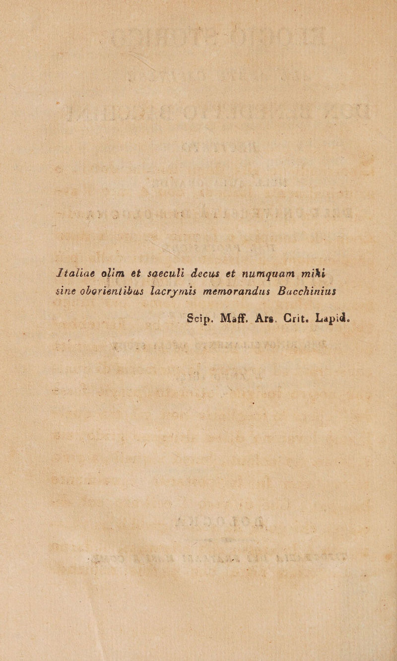 Italiae oUm et saeculi decus et numquam mi\i sine oborìmiibiis lacrymis memorandus Bacchinius Scip. Maff, Ars. Crìt. Lapide