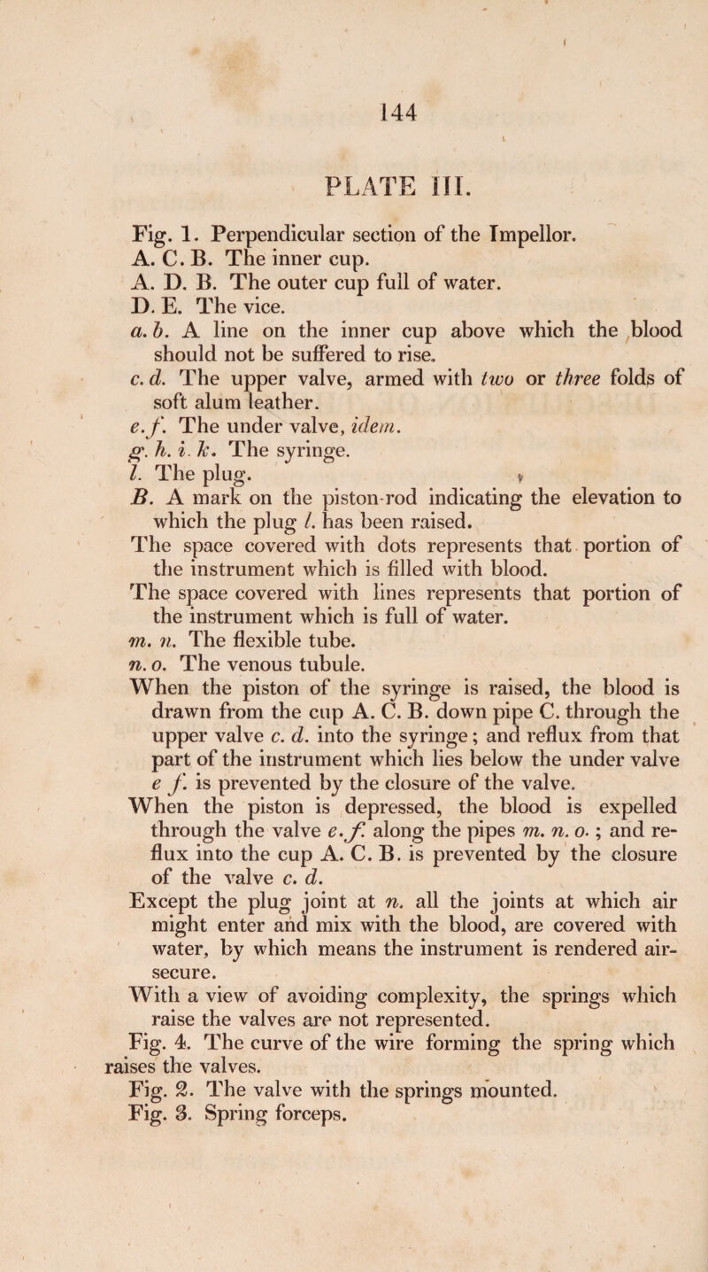 I 144 PLATE III. Fig. 1. Perpendicular section of the Impellor. A. C. B. The inner cup. A. D. B. The outer cup full of water. D. E. The vice. a. b. A line on the inner cup above which the blood should not be suffered to rise. c. d. The upper valve, armed with two or three folds of soft alum leather. e.f. The under valve, idem. ff. h.i.Ic, The syringe. l. The plug. * B. A mark on the piston-rod indicating the elevation to which the plug /. has been raised. The space covered with dots represents that portion of the instrument which is filled with blood. The space covered with lines represents that portion of the instrument which is full of water. m. n. The flexible tube. n. o. The venous tubule. When the piston of the syringe is raised, the blood is drawn from the cup A. C. B. down pipe C. through the upper valve c. d. into the syringe; and reflux from that part of the instrument which lies below the under valve e f. is prevented by the closure of the valve. When the piston is depressed, the blood is expelled through the valve e.f. along the pipes m. n. o.; and re¬ flux into the cup A. C. B. is prevented by the closure of the valve c. d. Except the plug joint at n. all the joints at which air might enter and mix with the blood, are covered with water, by which means the instrument is rendered air- secure. With a view of avoiding complexity, the springs which raise the valves are not represented. Fig. 4. The curve of the wire forming the spring which raises the valves. Fig. 2. The valve with the springs mounted.