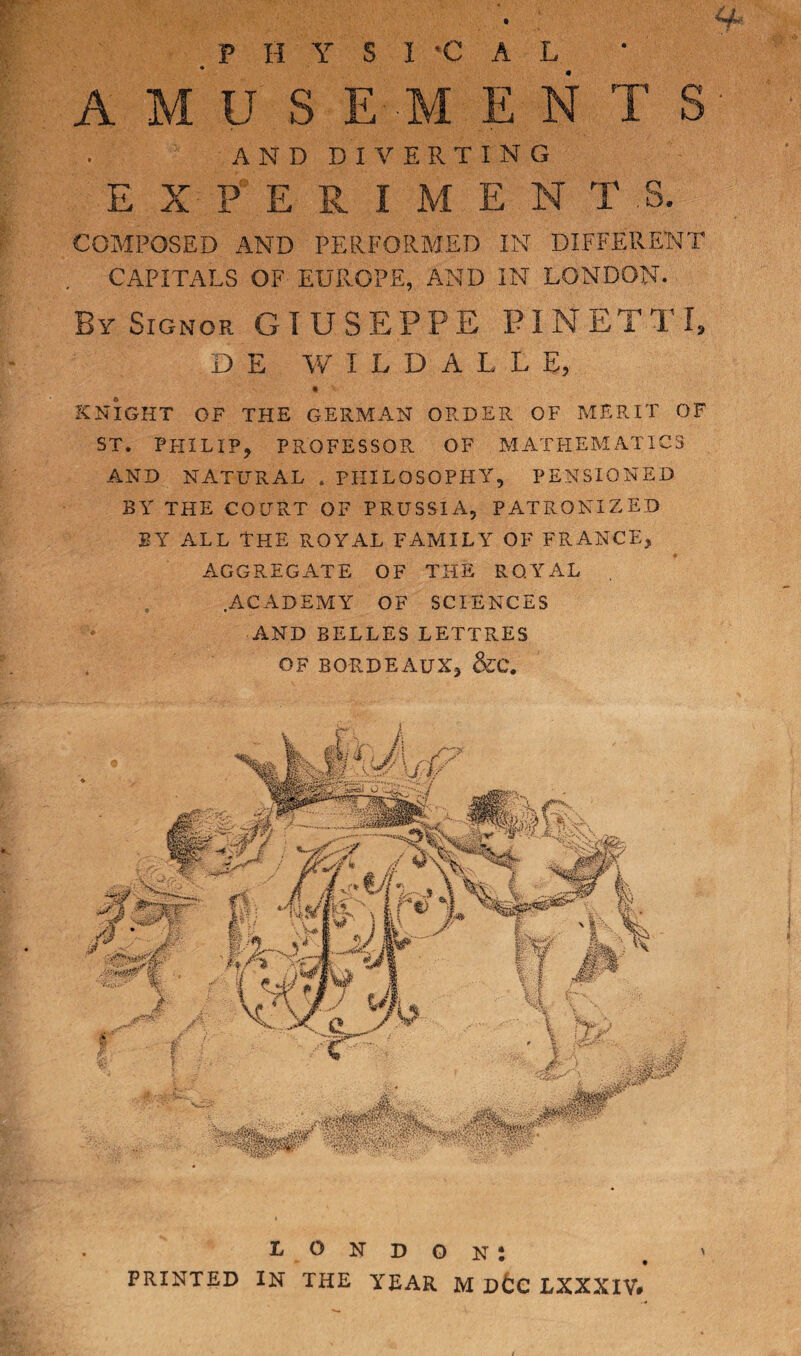 P H Y S I -C A A M U S EM E AND DIVERTING EXPERIMENTS. COMPOSED AND PERFORMED IN DIFFERENT CAPITALS OF EUROPE, AND IN LONDON. By Signor GTUSEPPE PI NETT I, D E W I L D A L L E, • KNIGHT OF THE GERMAN ORDER OF MERIT OF ST. PFIILIP, PROFESSOR OF MATHEMATICS AND NATURAL . PHILOSOPHY, PENSIONED BY THE COURT OF PRUSSIA, PATRONIZED BY ALL The ROYAL FAMILY OF FRANCE, AGGREGATE OF THE ROYAL .ACADEMY OF SCIENCES AND BELLES LETTRES OF BORDEAUX, &C. London; PRINTED IN THE YEAR M DtC LXXXIV# /