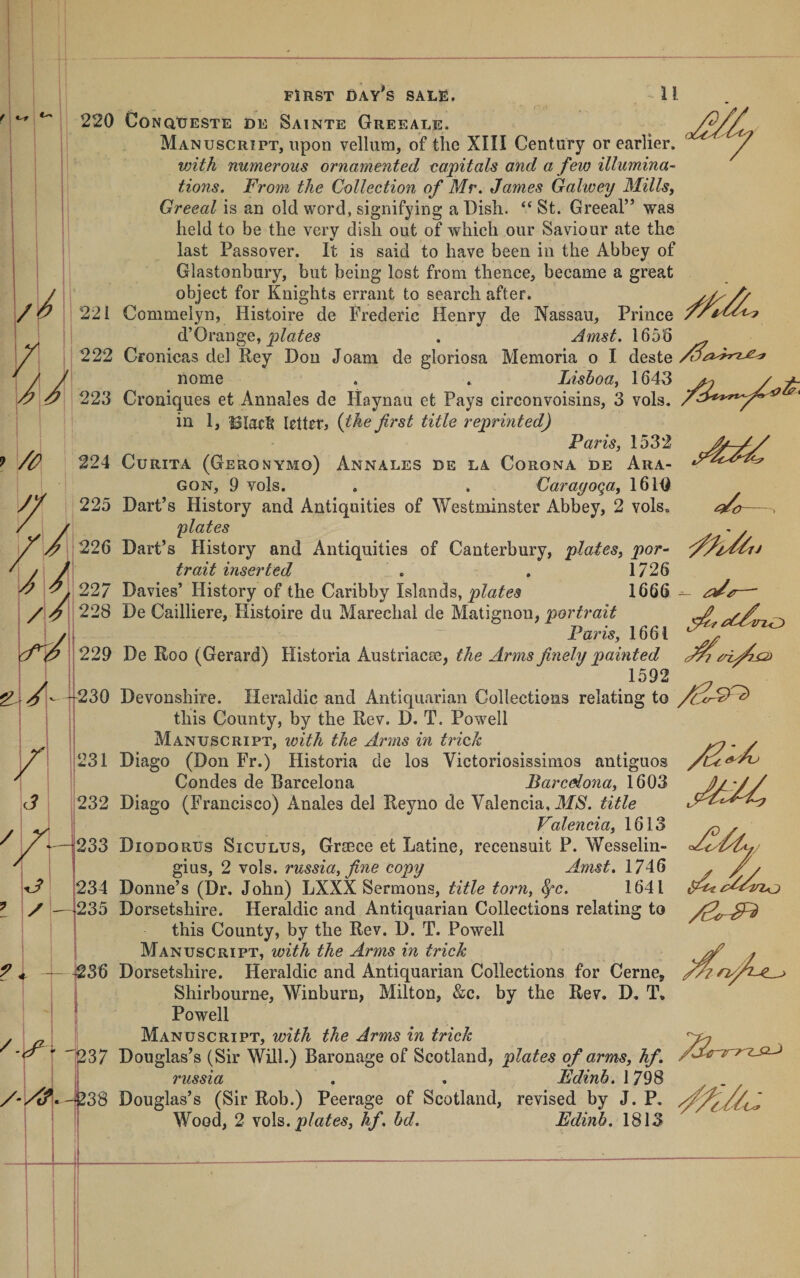 f ^ /i^ 7 - / /-/it. F!RST DAY^S SALE. H 220 CoNQXjESTE de Sainte Greeale. Manuscript, upon vellum, of the XIII Century or earlier. with numerous ornamented capitals and a few illumina- tions. From the Collection of Mr. James Galwey Mills, Greeal is an old word, signifying a Dish. “ St. Greeal” was held to be the very dish out of which our Saviour ate the last Passover. It is said to have been in the Abbey of Glastonbury, but being lost from thence, became a great object for Knights errant to search after. 221 Commelyn, Histoire de Frederic Henry de Nassau, Prince d’Orange, . Amst. 1650 222 Gfonicas del Hey Don Joam de gloriosa Memoria o I deste nome . * Lisboa, 1643 22.3 Croniques et Annales de Haynau et Pays circonvoisins, 3 vols. in 1, lettrtj {the first title reprinted) Paris, 1532 224 CuRiTA (Geronymo) Annales de la Corona de Ara¬ gon, 9 vols. . . Carayoqa, 1610 225 Dart’s History and Antiquities of Westminster Abbey, 2 vols. plates - y 226 Dart’s History and Antiquities of Canterbury, plates, por^ trait inserted . , 1726 22/ Davies’ History of the Caribby Islands, 1666 ^ —■ 228 De Cailliere, Histoire du Mareclial de portrait Paris, 1661 229 De Roo (Gerard) Historia Austriacae, the Arms finely painted 1592 230 Devonshire. Heraldic and Antiquarian Collections relating to this County, by the Rev. D. T. Powell Manuscript, with the Arms in trick 231 Diago (Don Fr.) Historia de los Victoriosissimos antiguos Condes de Barcelona Barcelona, 1603 232 Diago (Francisco) Anales del Reyno de Valencia, MS. title Valencia, 1613 233 Diodorus Siculus, Grmce et Latine, recensuit P. Wesselin- gius, 2 vols. russia, fine copy Amst. 1746 234 Donne’s (Dr. John) LXXX Sermons, title torn, ^c. 1641 235 Dorsetshire. Heraldic and Antiquarian Collections relating to this County, by the Rev. D. T. Powell Manuscript, with the Arms in trick J36 Dorsetshire. Heraldic and Antiquarian Collections for Cerne, Shirbourn-e, Winburn, Milton, &amp;c. by the Rev. D, T. Powell Manuscript, with the Arms in trick Douglas’s (Sir Will.) Baronage of Scotland, plates of arms, hf. russia . . Edinb. 1798 Douglas’s (Sir Rob.) Peerage of Scotland, revised by J. P.