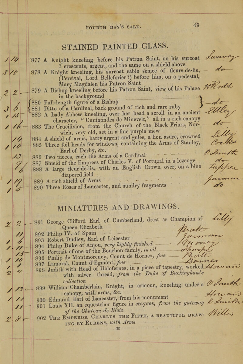 tOURTH DAY S SALE. 49 y j i I 2 J / / / STAINED PAINTED GLASS. •'877 878 i- /, yJ^ 1 //- 879 880 1 881 [882 A Knight kneeling before his Patron Saint, on his surcoat 3 crescents, argent, and the same on a shield above A Knight kneeling, his surcoat sable s'eniee of fleurs-de-lis, (Percival, Lord Belleforier ?) before him, on a pedestal, Mary Magdalen his Patron Saint A Bishop kneeling before his Patron Saint, view of his Palace in the background ___r; ■ '_ ^ Full-length flgure of a Bishop Ditto of a Cardinal, back ground of rich and rare ruby J A Lady Abbess kneeling, over her head a scroll in an ancient - 883 ’884 1885 yj / / 886 887 888 889 890 character, Cunigondes de Minevelt, all in a rich canopy The Crucifixion, from the Church of the Black Friars, Nor - wich, very old, set in a fine purple mew A shield of arms, barry argent and gules, a lion azure, crowned Three foil heads for windows, containing the Arms of Stanley, Earl of Derby, &amp;c. ^ _ Two pieces, each the Arms of a Cardinal Shield of the Empress of Charles V. of Portugal in a lozenge A large fleur-de-lis, with an English Crown over, on a blue diapered field A rich shield of Arms Three Roses of Lancaster, and sundry fragments - - ir' V a / y. yy /Sr / y^ y; /- y! yy yy 2^ ^ MINIATURES AND DRAWINGS. 891 George Clifford Earl of Cumberland, drest as Champion of 892 Philip IV. of Spam • * ... / /i 893 Robert Dudley, Earl of Leicester ~ 894 Philip Duke of Anjou, very highly finished - 895 Portrait of one of the Bourbon family, m oil - 896 Philip de Montmorency, Count de Hornes, fine-y^ 897 Lamoral, Count d’Egmont,/we -=—- T _ r\f TTrklnTpvnpa 897 Lamoral, Count d’Bgmont,/Me--0 898 Judith with Head of Holofernes, in a piece of tapeatry, worked &gt;44^ ^-7? ' ■ with silver thread, from the Duke of Duekingham s 899 William^Smberlain, Knight, in armour, kneeling under a canopy, with arms, &amp;c. 900 Edmund Earl of Lancaster, from his monument — ^ , 901 Louis XII. an equestrian figure in crayons, from the gateivay o of the Chateau de Blois y/f y'/y - 902 The Emperor Charles the Fifth, a beautiful draw- iNG BY Rubens, with Arms H