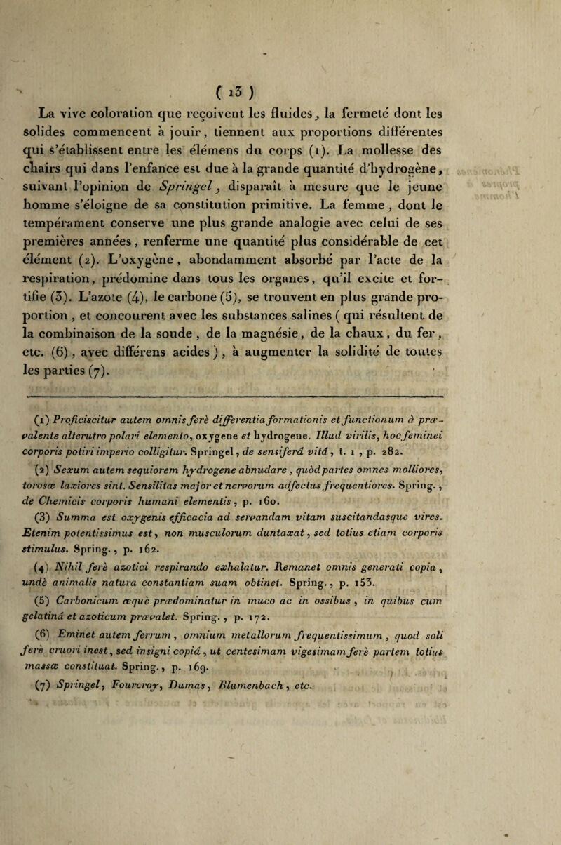 La vive coloration que reçoivent les fluides, la fermeté dont les solides commencent à jouir, tiennent aux proportions différentes qui s’établissent entre les élémens du corps (i). La mollesse des cliairs qui dans l’enfance est due à la grande quantité d’hydrogène, suivant l’opinion de Springel, disparaît à mesure que le jeune homme s’éloigne de sa constitution primitive. La femme , dont le tempérament conserve une plus grande analogie avec celui de ses premières années, renferme une quantité plus considérable de cet élément (2). L’oxygène , abondamment absorbé par l’acte de la respiration, prédomine dans tous les organes, qu’il excite et for¬ tifie (3). L’azote (4), le carbone (5), se trouvent en plus grande pro¬ portion , et concourent avec les substances salines ( qui résultent de la combinaison de la soude , de la magnésie, de la chaux, du fer, etc. (6) , avec différens acides) , à augmenter la solidité de toutes les parties (7). (1) Proficiscitur autem omnisfer'e différentiel formationis etfunctionum à præ- palente alterutro polari elemento, oxygéné et hydrogéné. Illud virilis, hoefeminei corporis potiriimperio colligiiuv. Springel, de sensiferâ vitd, t. 1 , p. 282. (2) Sexum autem sequiorem hydrogéné abnudare, quodpartes omnes molliores, torosce laxiores sinl. Sensilitas major et nervorum adfectus frequentiores. Spring., de Chemicis corporis humani elementis, p. 160. (3) Summa est oxygenis efficacia ad sercandam vitam suscitandasque vires. Etenim potentissimus est, non musculorum duntaxat, sed lotius etiam corporis stimulus. Spring., p. 162. (4) Nihil ferè azotici respirando exhalatur. Remanet omnis generati copia , undè animalis natura constantiam suam obtinet. Spring., p. i53. (5) Carbonicum æquè pnedominatur in muco ac in ossibus , in quibus cum gelatind et azoticum prceaalet. Spring., p. 172. (6) Eminet autem ferrum , omnium metallorum frequentissimum , quod soli ferè cruoi'i inest, sed insigni copia, ut centesimam vigesimamferè partem totius masses constituât. Spring., p. i6q. (7) Springel, Fourtroyy Dumas, Rlumenbach , etc.
