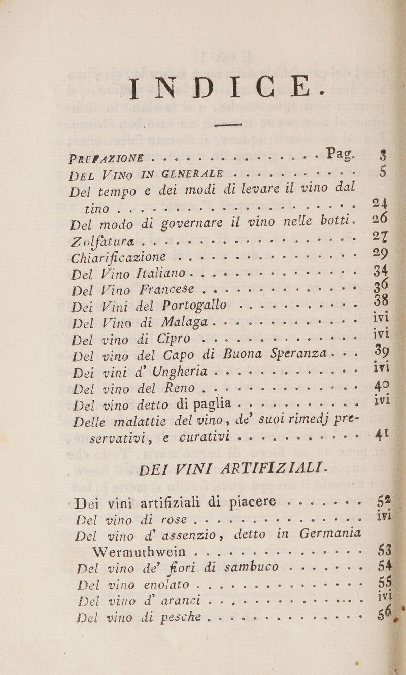 INDICE P RF F AZIONE ^a&amp;* Del Vino in generale.• • • • Del tempo c dei modi di levare il vino dal tino . . . •.. • * • * Del modo di governare il vino nelle botti. Z olfattira . . . . ... Chiarificazione.. Del Vino Italiano ... Del Vino Francese . . ..• • • • Dei Vini del Portogallo . ..* * • Del Vino di Malaga.• • * * Del vino di Cipro .. Del vino del Capo di Buona Speranza . • . Dei vini di Ungheria ..• * * Del vino del Reno ..• • « Del vino detto di paglia .. Delle malattie del vino, de suoi rimedj pre¬ servativi , e curativi . ..e S s 24 26 2Z 29 34 36 38 • e IVI • • IVI 39 « » IVI 40 ivi 41 DEI VINI ARTIFIZIALI. Dei vini artifizi ali di piacere ....... Del vino di rose .... • Del vino di assenzio, detto in Germania Wermuthwein .. Del vino de* fiori di sambuco ....... Del vino enolato Del vino di aranci . . . ..« » Del vino di pesche S2 ivi 53 54 55 ivi