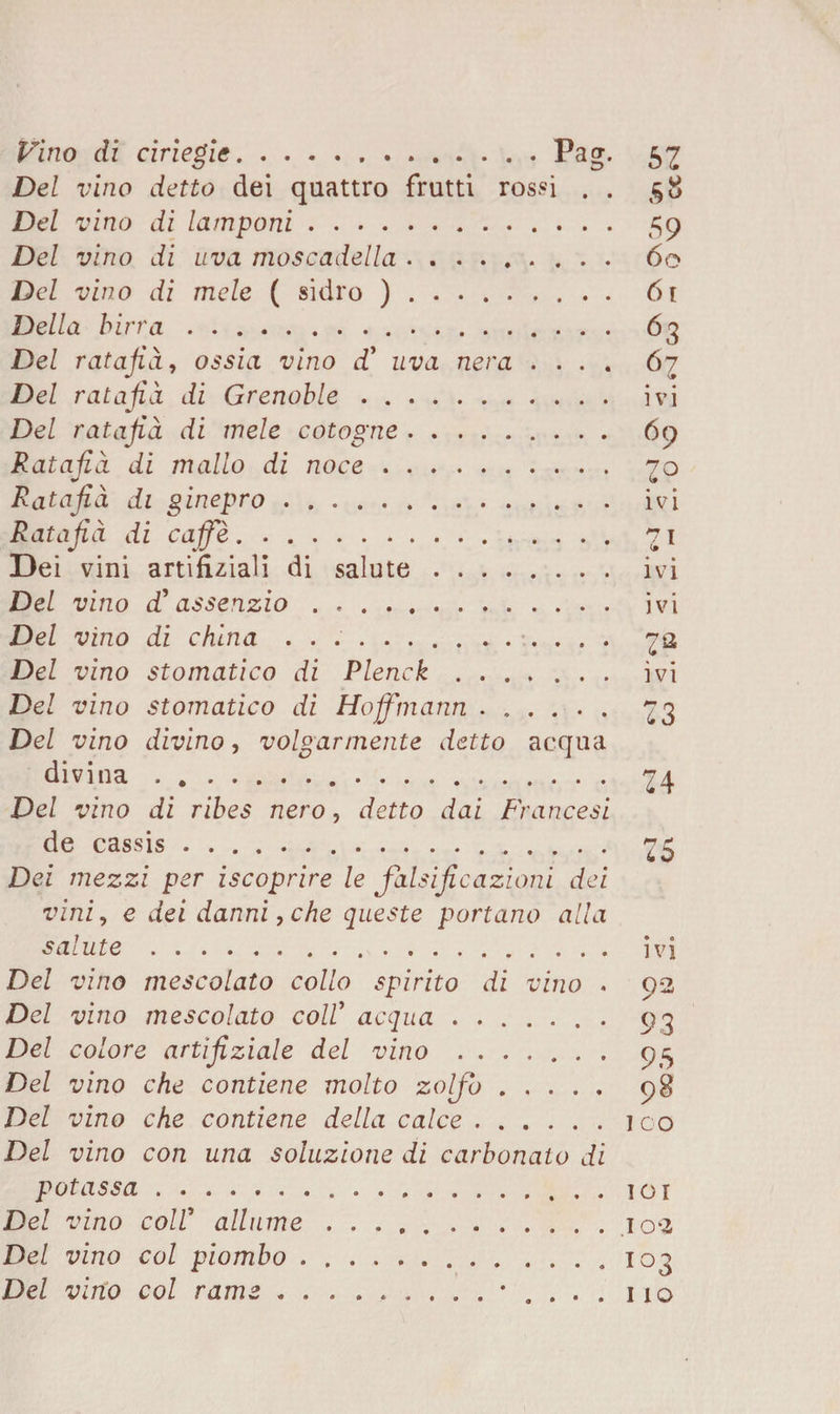 Fino di ciriegie.Pag. 52 Del vino detto dei quattro frutti rossi . . 58 Del vino di lamponi. 59 Del vino di uva moscadella. 60 Del vino di mele ( sidro ). 61 Della b ina. • • • ..* • • 63 Del ratafià, ossia vino d’ uva nera .... Del ratafià di Grenoble. ivi Del ratafià di mele cotogne. 69 Ratafià di mallo di noce. 70 Ratafià di ginepro. ivi Ratafià di caffè.. 71 Dei vini artifiziali di salute. ivi Del vino dà assenzio. ivi Del vino di china .. Del vino stomatico di Plenck. ivi Del vino stomatico di Hofmann ...... 23 Del vino divino, volgarmente detto acqua divina. 24 Del vino di ribes nero, detto dai Francesi de cassis. 25 Dei mezzi per iscoprire le falsificazioni dei vini, e dei danni, che queste portano alla salute. ivi Del vino mescolato collo spirito di vino . 92 Del vino mescolato colf acqua.. . 93 Del colore artifiziale del vino. 95 Del vino che contiene molto zolfo. 98 Del vino che contiene della calce.100 Del vino con una soluzione di carbonaio di potassa. 101 Del vino colf allume.102 Del vino col piombo. 103 Del vino col rame .............. 110