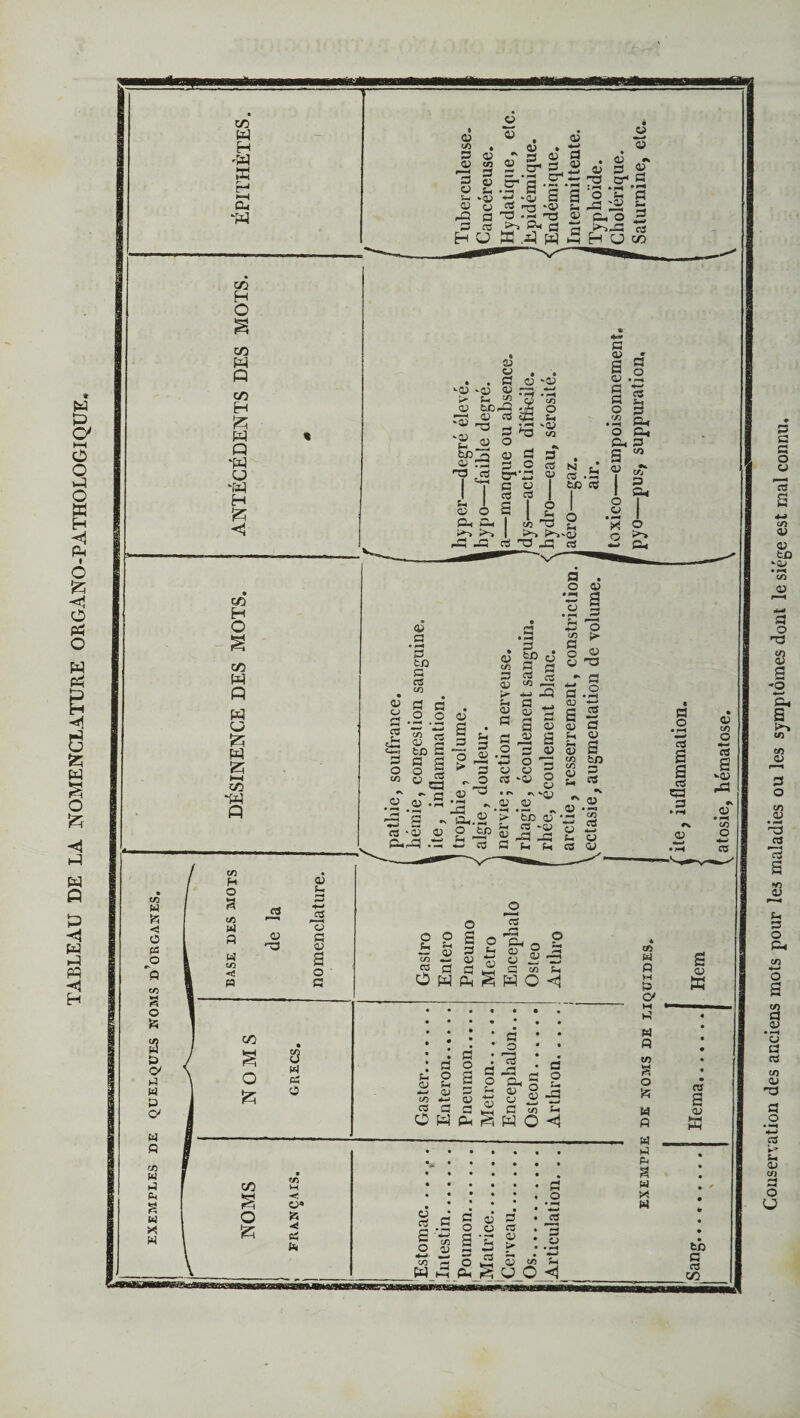 TABLEAU DE LA NOMENCLATURE ORGÀNO-PATHOLOGIQUE. Conservation des anciens mots pour les maladies ou les symptômes dont le siège est mal connu.
