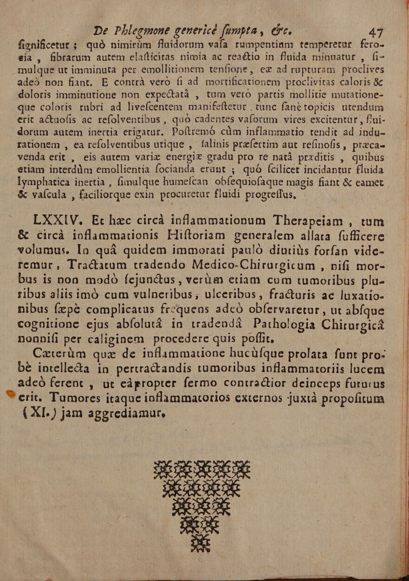 fignificetat ; quà nimirüm flaidorum vafa rumpentiam temperetur fero- eia , fibrarum autem elafticiras nimia ac rea&amp;tio in fluida minuatur , fi- mulque ut imminuta per emollitionem tenfione, ez ad rupturam proclives adeà non fiant. E contrà vero fi ad mortificationem proclivitas caloris &amp; doloris imminutione non expecdtatà , tum vero partis mollitie mutatione- que coloris rubri ad livefcentem manifeftetur , cunc fane topicis. utendum erit actuo(is ac refolventibus,, quo cadentes vaforum vires excitentur , f'ui- dorum autem inertia erigatur. Poítremó cüm inflammatio tendit ad indu- | rationem , ea refolventibus utique , falinis przfertim aut refinofis, przca- — — venda erit , eis autem variz energie gradu pro re natà przditis , quibus — — etiam interddm emollientia focianda erant ; quó (cilicet incidantur fluida — — lymphatica inertia , fimulque humefcan. obfequiofaque magis fiant &amp; eamet &amp; vaícula , faciliorque exin procuretur fluidi progretTus, LXXIV. Et hzc circá inflammationum Therapeiam , tum &amp; circà ioflammationis Hiftoriam generalem allata. fufficere volumus. In quá quidem immorati pau!ó diuriüs forfan vidc- remur, Tractarum tradendo Medico-Chirurgicum , nifi mor- bus is noa modó fcjunctus , verüm etiam cum tumoribus plu- ribus aliis imó cum vulneribus, ulceribus, fracturis ac luxatio- nibus fzp&amp; complicatus frzquens adcó obfervaretur , ut abíque | cognitione ejus abfolutá in tradendá Pathologia Chirurgicá I nonnifi per caliginem procedere quis poffit, | Caierüm quz de inflammatione hucüfque prolata funt pro: | bé intelle&amp;a in pertractandis tumoribus inflammatoriis lucem | adeó ferent , ut edpropter fermo contractior deinceps futurus 9 erit. Tumores itaque inflammatorios externos juxtà propofitum — ( XI.) jam aggrediamur.