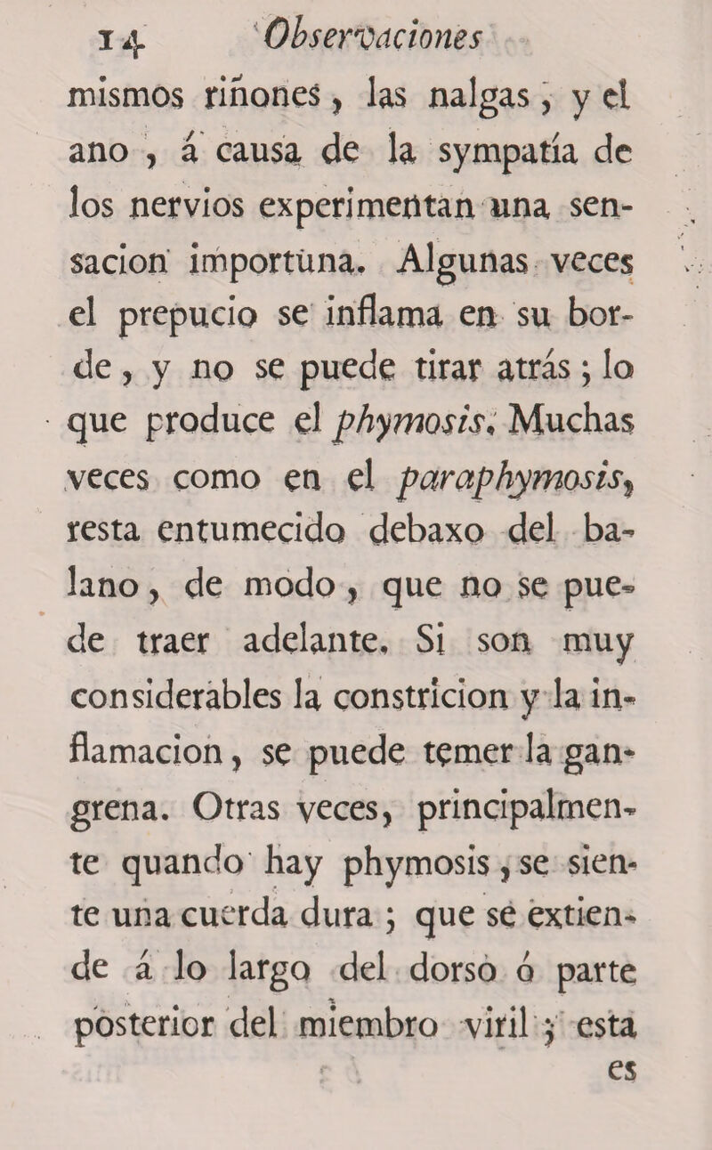 mismos rinones, las nalgas, y el ano , á causa de la sympatía de los nervios experimentan una sen¬ sación importuna. Algunas veces el prepucio se inflama en su bor¬ de , y no se puede tirar atrás; lo que produce el phymosis; Muchas veces como en el paraphymosisy resta entumecido debaxo del ba- laño, de modo , que no se pue¬ de traer adelante. Si son muy considerables la constricion y la in¬ flamación , se puede temer la gan¬ grena. Otras veces, principalmen¬ te quando hay phymosis,se sien¬ te una cuerda dura ; que se extien¬ de á lo largo del dorso ó parte posterior del miembro viril ¿ esta es