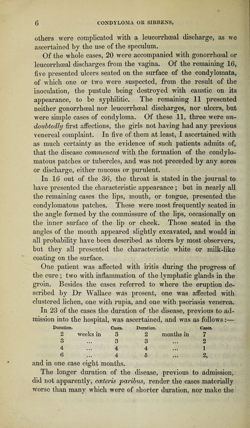 others were complicated with a leucorrhoeal discharge, as we ascertained by the use of the speculum. Of the whole cases, 20 were accompanied with gonorrhoeal or leucorrhoeal discharges from the vagina. Of the remaining 16, five presented ulcers seated on the surface of the condylomata, of which one or two were suspected, from the result of the inoculation, the pustule being destroyed with caustic on its appearance, to be syphilitic. The remaining 11 presented neither gonorrhoeal nor leucorrhoeal discharges, nor ulcers, but were simple cases of condyloma. Of these 11, three were un¬ doubtedly first affections, the girls not having had any previous venereal complaint. In five of them at least, I ascertained with as much certainty as the evidence of such patients admits of, that the disease commenced with the formation of the condylo- matous patches or tubercles, and was not preceded by any sores or discharge, either mucous or purulent. In 16 out of the 36, the throat is stated in the journal to have presented the characteristic appearance ; but in nearly all the remaining cases the lips, mouth, or tongue, presented the condylomatous patches. These were most frequently seated in the angle formed by the commissure of the lips, occasionally on the inner surface of the lip or cheek. Those seated in the angles of the mouth appeared slightly excavated, and would in all probability have been described as ulcers by most observers, but they all presented the characteristic white or milk-like coating on the surface. One patient was affected with iritis during the progress of the cure ; two with inflammation of the lymphatic glands in the groin. Besides the cases referred to where the eruption de¬ scribed by Dr Wallace was present, one was affected with clustered lichen, one with rupia, and one with psoriasis venerea. In 23 of the cases the duration of the disease, previous to ad- mission into the hospital, was ascertained, and was as follows:— Duration. Cases. Duration. Cases. 2 weeks in 3 2 months in 7 3 3 3 ... 2 4 • • • 4 4 1 6 4 5 ... 2, and in one case eight months. The longer duration of the disease, previous to admission, did not apparently, cceteris paribus, render the cases materially worse than many which were of shorter duration, nor make the