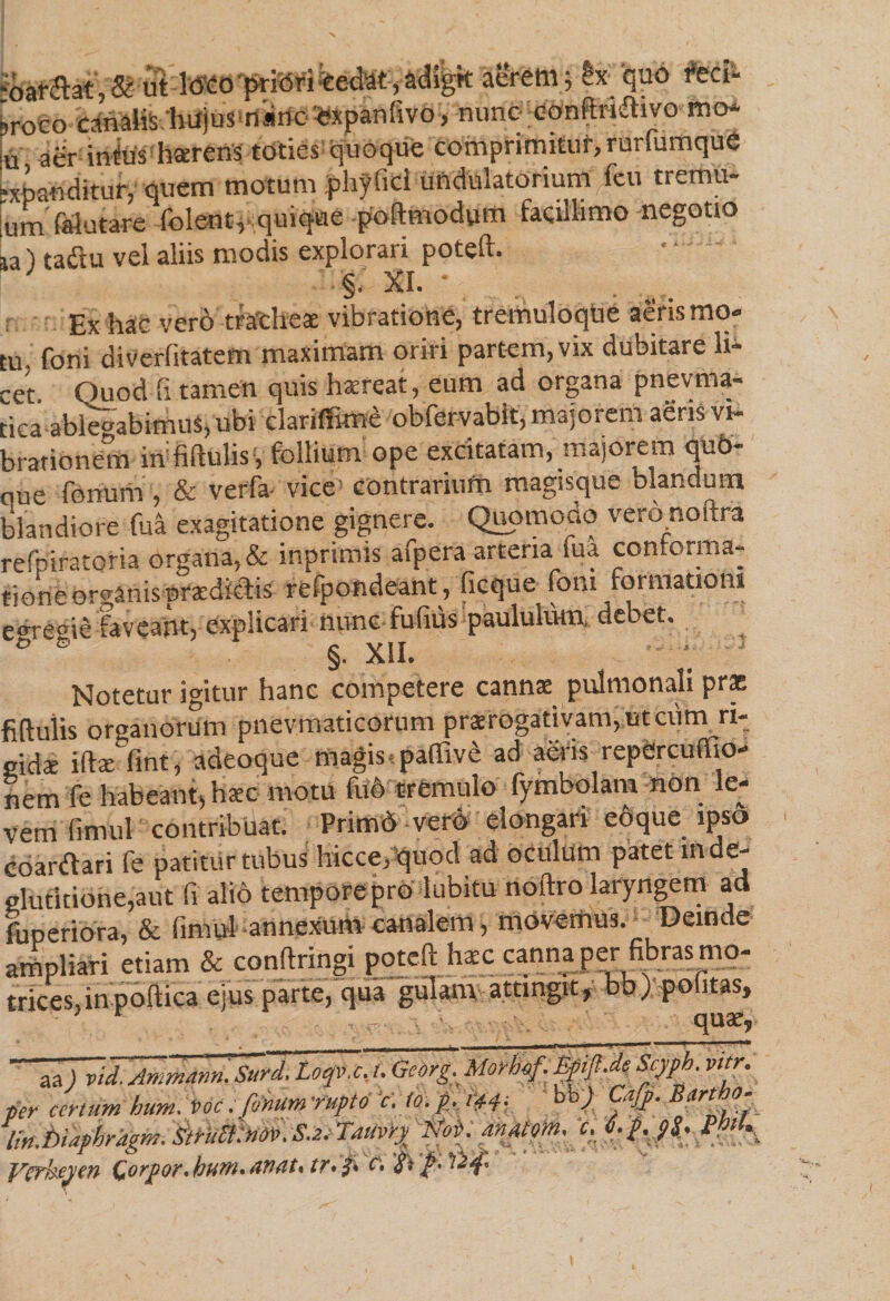 tardat, &amp; uilaw'priori *edat, adigit aerem -,h 'quo *d sroco canalis hujus n«ino*xpanfivo, nuncoeOnftridivo mi* ^ aer in^us haberis toties quoque comprimitur, rurfumquC expanditur, quem motum phylid uftdulatorium/eu tremu- um falutare folen t, quique poftmodum facillimo negotio ia) tactu vel aliis modis explorari poteft. r .§. xi. • Ex hac vero trachea: vibratione, tremuloqtie aeris mo¬ tu- foni diverfitatem maximam oriri partem, vix dubitare li¬ cet Quod fi tamen quis htereat, eum ad organa pnevrna- tica ablegabimus, ubi clarifEme obfervabit, majorem aeris vi- brationem infiftulis, follium ope excitatam, majorem quo¬ que fonum , &amp; verfa vice’ contrarium magisque blandum blandiore fua exagitatione gignere. Quomodo vero noftra refpiratoria organa, &amp; inprimis afpera arteria Sua conforma¬ tione organis pnedicftis refpondeant, ficque foni formationi e^re^ie faveant, explicari mmc fufius paululum, debet. 6 ® §. XII. ; 1 Notetur igitur hanc competere canna: pulmonali prae fiftulis organorum pnevmaticorum prarogativam, ut cuniri- mdx iftx fint, adeoque magis paffive ad aeris repdrcuffio- nem fe habeant» haec motu luo tremulo fymbolara non le¬ vem limul contribuat. PrimO vero elongari eoque ipso coardari fe patitur tubus hicce/quod ad oculum patet m de¬ glutitione, aut fi alid tempore pro lubitu noftro laryngem ad fuperiora, &amp; fimul annexum canalem, movemus.^ Deinde ampliari etiam &amp; conftringi poteft haec canna per fibras mo- trices,inpoftica ejus parte, qua gulam attingit, ob) politas, - r . • o quae. aa ) vid. Ammann. Suri. Loqv.c. t. Gedrg.Morbof. Epiff.de Scyph. vitr. er certum hum. voc. funum rupto c. to. p. f0.- bb j Qtjj>. Bartbo~ ;n.biapbrdgm. Strutttnov.S.z.Tauvry Not. mmm. c, O. ff.jS. rerktyen Qorpor.hum.tiueit. tr.y. r. $; ff.