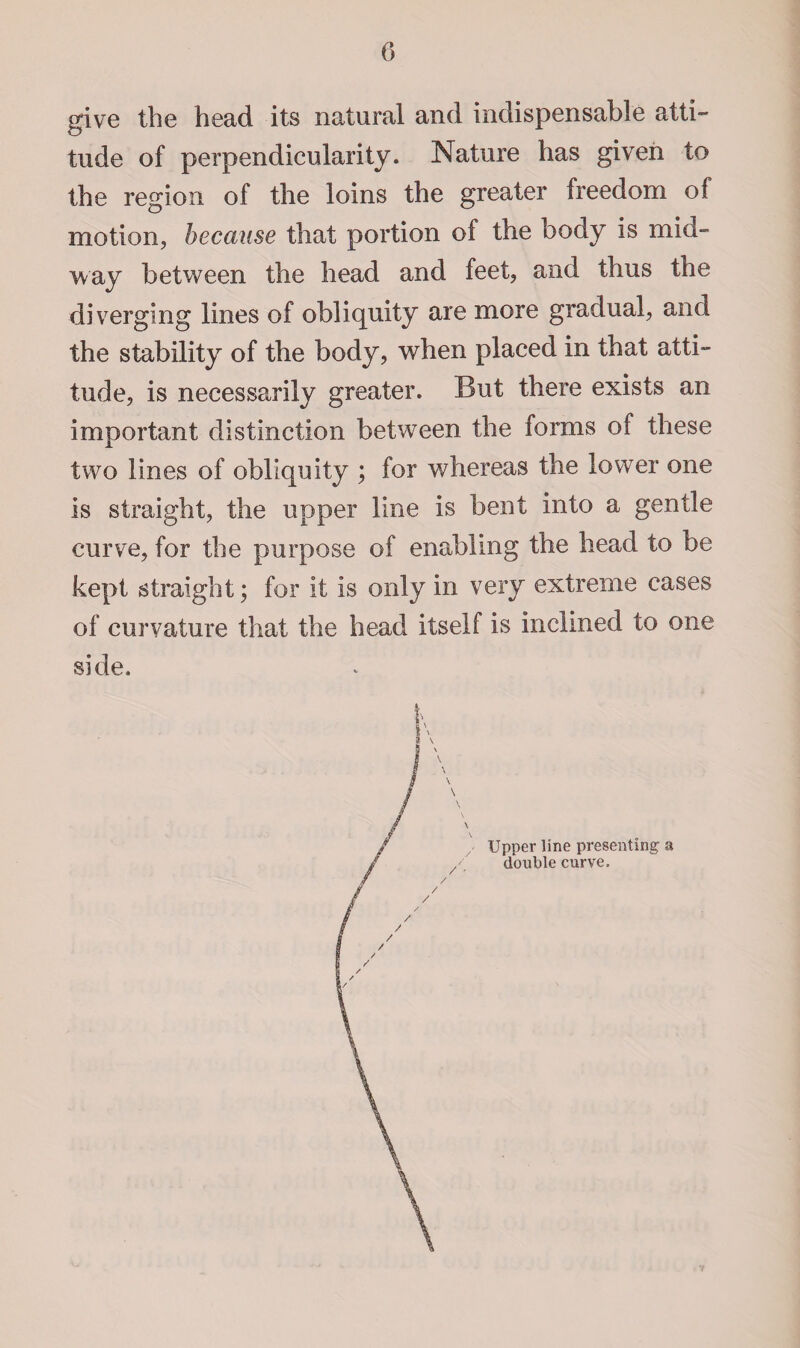 give the head its natural and indispensable atti- tude of perpendicularity. Nature has given to the region of the loins the greater freedom of motion, because that portion of the body is mid¬ way between the head and feet, and thus the diverging lines of obliquity are more gradual, and the stability of the body, when placed in that atti¬ tude, is necessarily greater. But there exists an important distinction between the forms of these two lines of obliquity ; for whereas the lower one is straight, the upper line is bent into a gentle curve, for the purpose of enabling the head to be kept straight; for it is only in very extreme cases of curvature that the head itself is inclined to one side. / - Upper line presenting a double curve.
