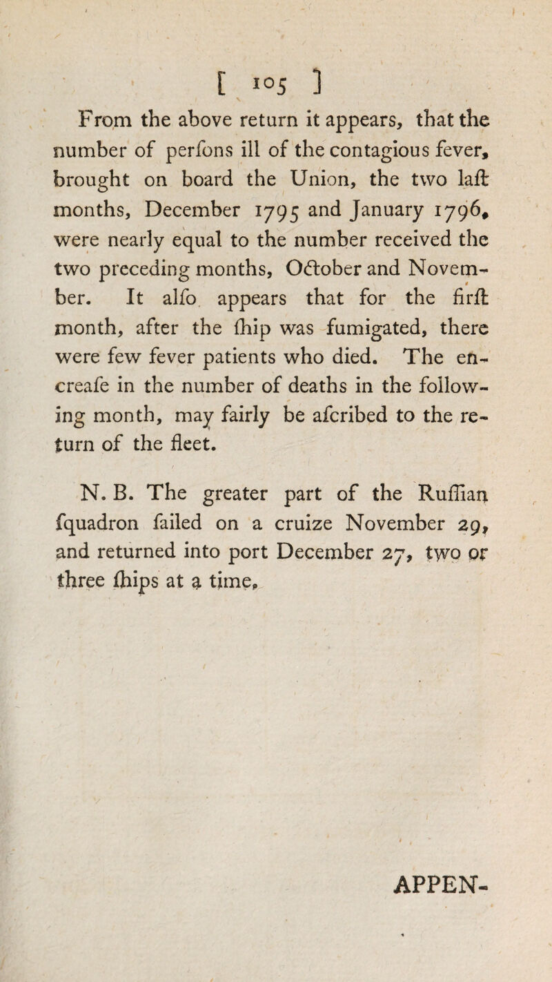 [ -“S ] \ From the above return it appears, that the number of perfons ill of the contagious fever, brought on board the Union, the two lafl: months, December 1795 and January 1796, were nearly equal to the number received the two preceding months, October and Novem-^ ber. It alfo. appears that for the firft month, after the fhip was fumigated, there were few fever patients who died. The en- creafe in the number of deaths in the follow¬ ing month, may fairly be afcribed to the re¬ turn of the fleet. N. B. The greater part of the Rufliam fquadron failed on a cruize November 29, and returned into port December 27, two or three flbips at a time. / APPEN-