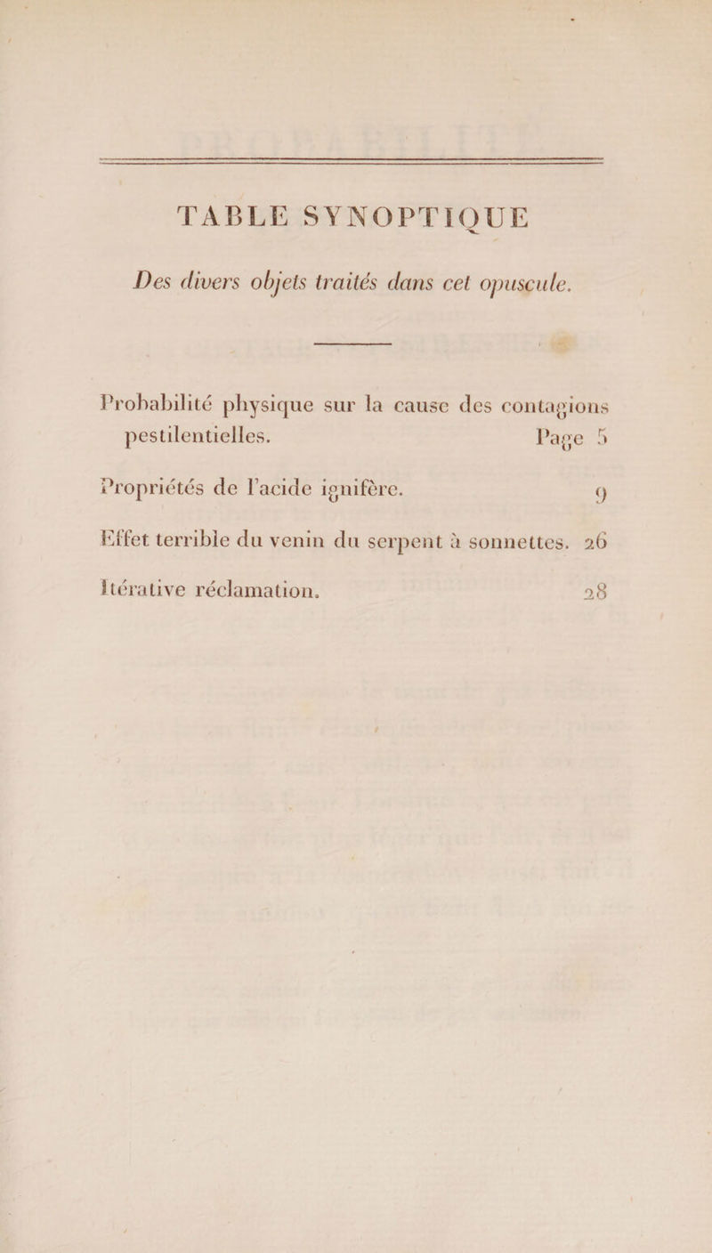 TABLE SYNOPTIQUE Des divers objets traités dans cet opuscule. Probabilité physique sur la cause clés contagions pestilentielles. Page 5 Propriétés de l’acide ignifère. q Elfet terrible du venin du serpent à sonnettes. 26 Itérative réclamation. 28