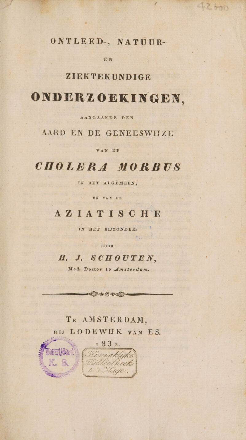 ONTLEED-, NATUUR- EN ZIEKTEKUNDIGE ONDERZOEKINGEN, AANGAANDE DEN AARD EN DE GENEESWIJZE VAN DE CHOLERA MORBUS IN HET ALGEMEEN, EN VAN DE AZIATISCHE IN HET BIJZONDERe DOOR H. J. SCHOUTEN, Med, Doctor te Amsterdam. IPOD Te AMSTERDAM, BIJ LODEWIJK van ES. nt Dd %, % Ns DN ‘ RE RPA j VEE SO BRIAN IN