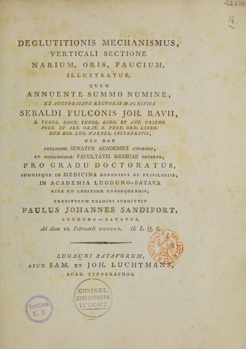 DEGLUTITIONIS MECHANISMUS, VERTICALI SECTIONE NARIUM, ORIS, FAUCIUM, ILLUSTRATUS, QUEM ANNUENTE SUMMO NUMINE, EX AUCTORITATE RECTORIS MAGNIFICI SEBALDI FULCONIS JOH. RAVII, S. THEOL. DOCT. TIIEOL. L1NG. ET ANT. ORIENT. POES. ET ART. ORAT. S. PROF. ORD. LIBRO¬ RUM MSS. LEG. WARNER. INTERPRETIS, NEC NON amplissimi SENATUS ACADEMICI consenso, et nobilissimae FACULTATIS MEDICAE decreto, PRO GRADU DOCTORATUS, summisque in MEDICINA honoribus ac privilegiis, IN ACADEMIA L U G D U N O - BATAVA rite et legitime consequendis, ERUDITORUM EXAMINI SUBMITTIT PAULUS JOHANIES SAMDIFOR.T, LUGDUNO— BATAVUS. Ad diem vi. Februarii mdcccv. II. L. i ■ —BfissccctiCUifttt* .i ■ —— LUGDUNI BATAVORUM, APUD SAM. ET JOH. LUCHT ACAD. TYPOGRAPIIOS.