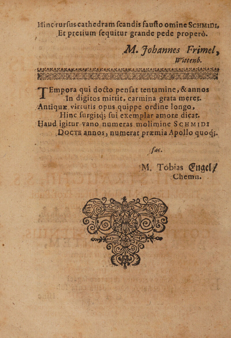 Mine rurfus cathedram fcandis faufto omine SchmiDi, Et pretium fequicur grande pede properd. I i v' ' V JM. Johannes Frimel% Wittenb. »ra qui docto pen fat tentamine ? &amp; a nnos In digitos mittit, carmina grata rtsereje. U3e virtutis opus quippe ordine longo. Hinc furgitqj fui exemplar amore dicata Haud igitur vano numeras rnolimiqe Schmidi .J^ocxB4|ipqs3 numerat pixemia Apollo quoqj, i fa*. Tobias Chemn. /