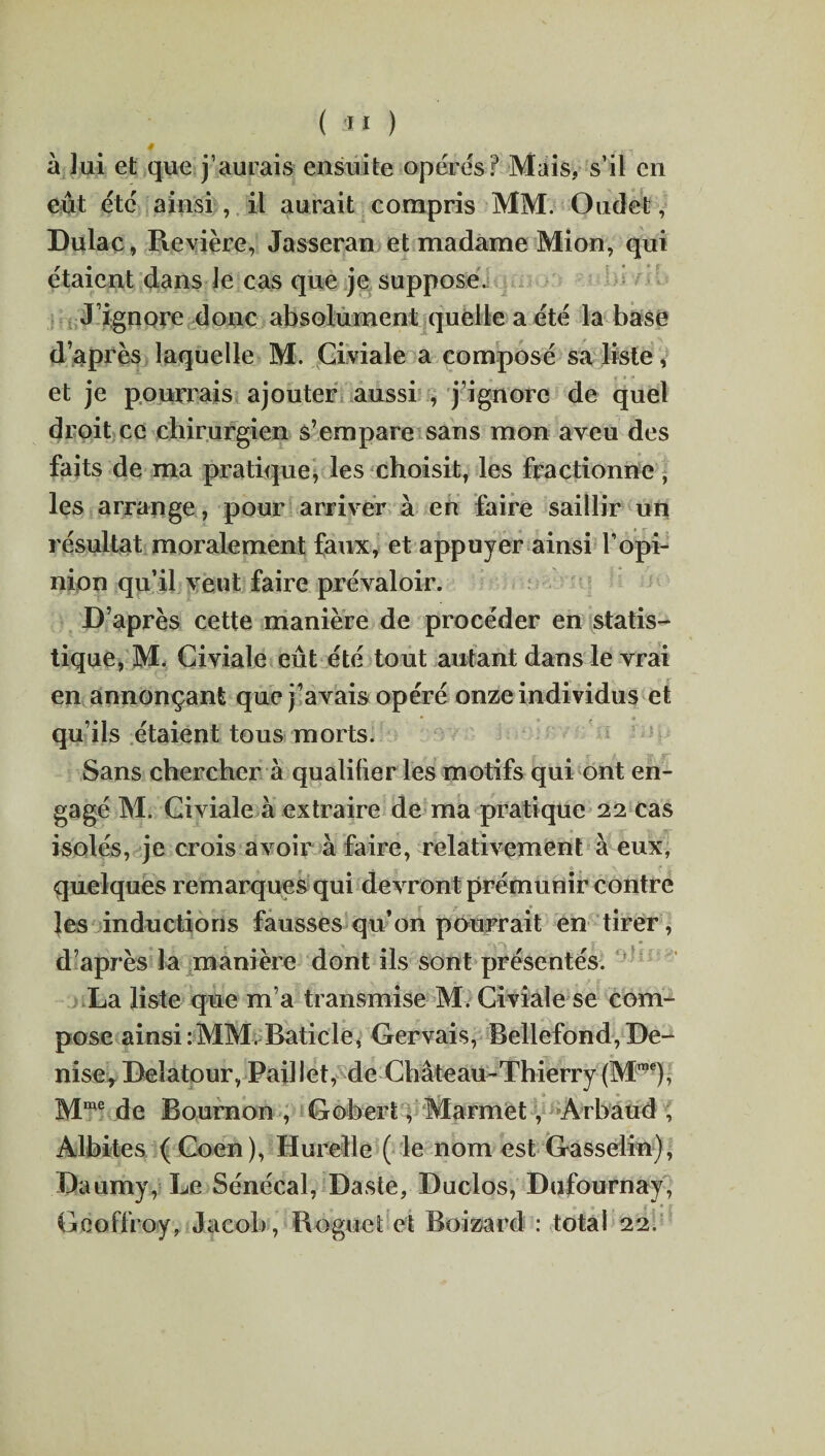 (Si ) Æ + t à ]ui et que j’aurais ensuite opérés? Mais, s’il en eût été ainsi , il aurait compris MM. Oudet, Dulac, Revière, Jasseran et madame Mion, qui étaient dans le cas que je suppose. J’ignore donc absolument quelle a été la base d’après laquelle M. Civiale a composé sa liste, et je pourrais ajouter aussi , j’ignore de quel droit ce chirurgien s’empare sans mon aveu des faits de ma pratique, les choisit, les fractionne, les arrange, pour arriver à en faire saillir un résultat moralement faux, et appuyer ainsi l’opi¬ nion qu’il veut faire prévaloir. D’après cette manière de procéder en statis¬ tique, M. Civiale eût été tout autant dans le vrai en annonçant que j’avais opéré onze individus et qu’ils étaient tous morts. Sans chercher à qualifier les motifs qui ont en¬ gagé M. Civiale à extraire de ma pratique 22 cas isolés, je crois avoir à faire, relativement à eux, quelques remarques qui devront prémunir contre les inductions fausses qu’on pourrait en tirer, d’après la manière dont ils sont présentés. La liste que m’a transmise M. Civiale se com¬ pose ainsi : MM. Baticle, Gervais, Bellefond, De¬ nise* Belatour, Paillet, de Château-Thierry (M™6), Mmc de Bournon , Gobert, Marmet, Arbaud , Albites (Coen), Hurelle ( le nom est Gasselin), Daumy, Le Sénécal, Daste, Duclos, Dufournay, » Geoffroy, Jacob , Roguet et Boizard : total 22.