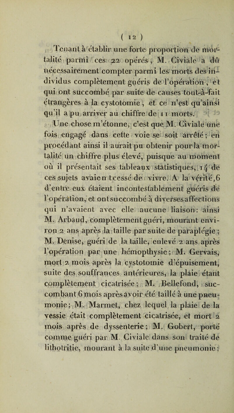 Tenant à établir une forte proportion de mor¬ talité parmi ces 22 opérés , M. Civiale a dû nécessairement compter parmi les morts des in¬ dividus complètement guéris de l’opération , et qui ont succombé par suite de causes tout-à-fait étrangères à la cystotomie, et ce n’est qu’ainsi qu’il a pu arriver au chiffre de 11 morts. Une chose m’étonne, c’est que M. Civiale une fois engagé dans cette voie se soit arrêté ; en procédant ainsi il aurait pu obtenir pour la mor¬ talité un chiffre plus élevé, puisque au moment où il présentait ses tableaux statistiques, 14 de ces sujets avaien tcessé de vivre. A la vérité,6 d’entre eux étaient incontestablement guéris de l’opération, et ont succombé à diverses affections qui n’avaient avec elle aucune liaison: ainsi M. Arbaud, complètement guéri, mourant envi¬ ron 2 ans après la taille par suite de paraplégie ; M. Denise, guéri de la taille, enlevé 2 ans après l’opération par une hémopthysic ; M. Gervais, mort 2 mois après la cystotomie d’épuisement, suite des souffrances antérieures, la plaie étant complètement cicatrisée; M. Bellefond, suc¬ combant 6 mois après avoir été taillé à une pneu¬ monie; M. Marmct, chez lequel la plaie de la vessie était complètement cicatrisée, et mort 2 mois après de dyssenterie; M. Gobert, porté comme guéri par M. Civiale dans son traité de lithotritie, mourant à la suite d une pneumonie;