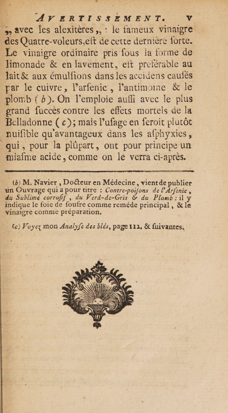 ,, avec les alexiteres „ * le fameux vinaigrc desQuatre-voleurs.etf de cette derniere force. Le vinaigre ordinaire pris foas la forme de limonade & en lavement, eit preferable au lait& aux emuHions dans les accidens cauies par le cuivre, Parfenic , Pantimoine & le plomb ( b). On Femploie auffi avec le plus grand faeces contre les effets mortels de la Beliadonne ( c); mais Pufage en feroit plutoc nuifible qu’avantageux dans les afphyxies, qui, pour la plupart, out pour principe un iftiafme acide, comme on le verra ci-apres. ib) M. Navier , Do&cur en Medecine > vientde publier nn Ouvrage qui a pour titre : Contre-poijons de I’Arfenic , du Sublime corrojif , du Verd-de-Gris & du Plomb : ll y indique le foie de foufre comme remede principal, & le vinaigre comme preparation. (c) Vcyei mon Analyfe des hies, page Hi. & fuivantes.