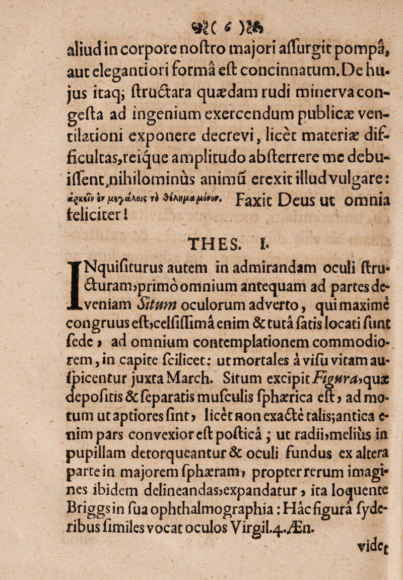 aliud in corpore no fixo majori alTurgit pompa, auc elegantiori forma eft concinnatum. De hu- jus itaq; ftru&ara quaedam rudi minervacon- gefta ad ingenium exercendum publicas ven¬ tilationi exponere decrevi, licet materiae dif- ficultas,reique amplitudo abfterrere me debu- iflent.nihilominus animu erexit illud vulgare: it (AiyaKsK ri siMpapiror. paxjc Deus ut omnia feliciter! THES. I* INquifiturus autem in admirandam oculi ftru* 6buramjprimo omnium antequam ad partes de¬ veniam Situm oculorum adverto, qui maxime congruus eft>celfi(Iima enim & tuta latis locati funt fede» ad omnium contemplationem commodio¬ rem, in capite fcilicet; ut mortales a vifu vitam au- (picentur juxta March. Situm excipit Figura^x depofitis&feparatismufculis fphaerica eft> admo¬ tum ut aptiores fint > licet non exadte talisjantica e* tiim pars convexior eft poftica; ut radibmeliiis in pupillam detorqueantur & oculi fundus ex altera partein majorem fphaeram» propter rerum imagi¬ nes ibidem delineandas>expandatur > ita loquente Briggsin fua ophthalmographia: Hac figura fyde- ribus fimiles vocat oculos Virgil.4.^n. - videt