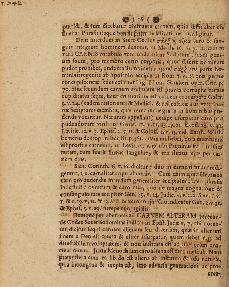 in is(0 putridi, &amp;tum dicebatur obftrtfere carnem, quia difficulter ef¬ fluebat. Phrafis itaque t&gt;0tl de falivatione intelligitur» Dein interdum in Sacro Codice ctfyd caro &amp; fim- guis integrum hominem denotat, ut Matth. 16. v. 17, interdum vero CARNIS vocabulo verecunde utitur Scriptura , juxta geni¬ um Tuum* pro membro certo corporis, quod diferte nominari pudor prohibet, unde tra&amp;uiti videtur, quod tret^ pro parte ho- sninisirregcnita ab Apoftolo accipiatur Rom.y.v.ig. qn«e parfc5 concupifcentiae fedes exiftunt Leg. Thom, Gatakeri oper. Crit. p; 70. hinc fecundum carnem ambulare eft pravas corruptae carnis1 cupiditates fequi, ficut contrarium eft carnem crucifigere Galat* 5^.24. (eadem ratione uti &amp;_Medici, &amp;rei rufticse aut veterina¬ riae Seriptores membra, quae verecundiae gratia in hominibus pu¬ denda vocantur, Naturam appellant) nempe ufurpatur dVo pro pudendotam virili, ut Genef. 17. v.ij, 13.1^.23. Exod.tg. v. 4Z. Levitic.12.v- 3. Ephef.i. v.n.&amp;CoIoff. 2. v, ij, vsd. Barth. Weft« hemerus de trop.m faer Jit. p,}6r. quam muliebri, quia membrum eftprorfus carneum, ut Levit. 17. v.ip.ubi Pagninusita : mulier autem, cum fuerit fluens fanguine, &amp; erit fluxus ejus per car¬ nem ejus* Sic i. Corinth. 6.v. 16. dicitur v duo in Carnem unam redi¬ gentur, i. e. carnaliter copulabuntur. Cum enim apud HebrseoS caro pro pudendis interdum generaliter accipiatur, ideo phrafis inde fluit .• os meum &amp; caro mea, quo de magna cognatione &amp; confanguinitate accipitur Gen. 29. v. 14. Judic. v. 2.2. Sam. f. v. Ic* ip. v,12.&amp; 13. ardlior vero conjun&amp;io indicatur Gen. 2.V.32, dc Ephef. 5. v. 29. nempe conjugialis. Denique per abeuntes ad CARNEM ALTERAM verecun¬ de Codex Sacer Sodomitas indicatio Epift.Judaev.7.ubi notan- ter dicitur fequi carnem alienam feu diverfam, quae in alienum •finem a Deo eft creata &amp; aliter ufurpatur, quam debet v.g. ad deteftabilem voluptatem, &amp; non inftituta eft ad liberorum pro¬ creationem. Juxta Mehochium caro aliena eft caro mafculi. Nam praepoftera cum ea libido eft aliena ab inftituto &amp; ufu naturae, quia incongrua &amp; inepta eft; imo advsrfa generationi ac pro- crca-