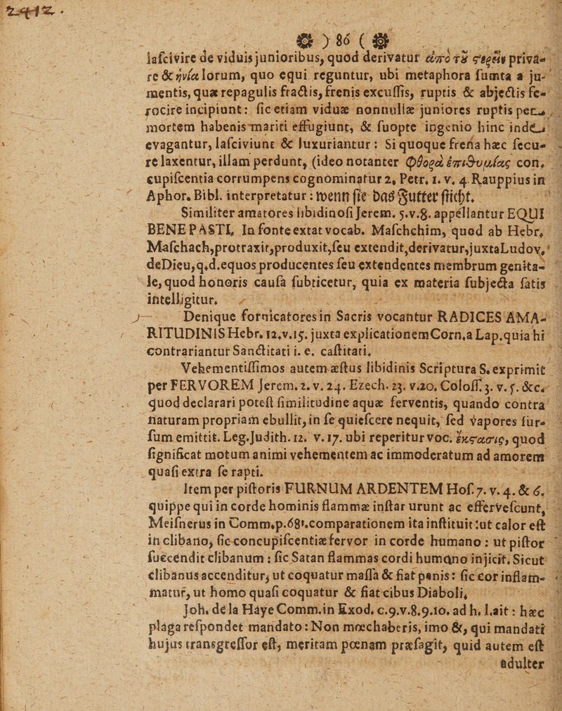 lafdvire de viduis junioribus, quod derivatur d?ro tS fieSf priva- re Serici Iorum, quo equi reguntur, ubi metaphora fumta a ju¬ mentis, quat repagulis fra&amp;is, frenis excudis, ruptis &amp; abjetis fe¬ rocire incipiunt: fic etiam viduae nonnullae juniores ruptis pen^* mortem habenis mariti effugiunt, &amp; fuopte ingenio hinc indo evagantur, lafciviunt &amp; luxuriantur; Si quoque frena haec fccu- rc laxentur, illam perdunt, (ideo notanter (pSovdiTrt&amp;vfjJcis con# cupifcentia corrumpens cognominatur 2, Petr* x. v. 4-Rauppiusin Aphor. Bibi, interpretatur: menti (Te t)C\$0tlftet4 Similiter amatores hbidinofi Jerem. j.v.g. appellantur EQUI BENEPASTE In fonte extatvocab. Mafchchim, quod ab Hebr, Mafchach,protraxit,produxit,fcu cxtenditrderivatur,juxtaLudov, deDieu,q,d.equos producentes feu extendentes membrum genka- le, quod honoris caufa fabricetur, quia ex materia fubje&amp;a fatis intellegitur. j- Denique fornicatoresin Sacris vocantur RADICES AMA- RITUDINISHebr* i2.v.15. juxta expiicationemGorma Lap.quia hi contrariantur San&amp;icati i. e. caftitati. Vehementiffimos autem aeftus libidinis Scriptura S.exprimit per FERVOREM Jerem. z. v. 24. Ezech. 23. v.20. Coloffi 3. v. f. &amp;c« quod declarari poteftfimihtudine aquae ferventis, quando contra naturam propriam ebullit, in fe quiefeere nequit, fed Sapores fur- fum emittit. Leg.Judith. 12. v. 17. ubi reperitur voc. quod fignificat motum animi vehementem ac immoderatum ad amorem quafi extra fe rapti. Item per piftoris FURNUM ARDENTEM Hof 7. v. 4. &amp; 6, quippe qui in corde hominis flammae inftar urunt ac efferVefcunt, MeifnerUs in Comrn*p.68r.comparationern ita inftituit tut calor eft in clibano, fic concupifcentiae fervor in corde humano: ut piftor fuccCndit clibanum : ficjSatan flammas cordi humano injicit. Sicut clibanus accenditur* ut coquatur maffa &amp; fiat penis: fic cor inflam¬ matur, ut homo quafi coquatur &amp; fiat cibus Diaboli, Joh. de la HayeComm.in Exod. C.9.V.8.9.10. ad h, I.ait: hxc plaga refpondefc mandato: Non moechaberis, imo &amp;, qui mandati hujus transgreffor eft&gt; meritam pcenam praefagit, quid autem eft . adulter