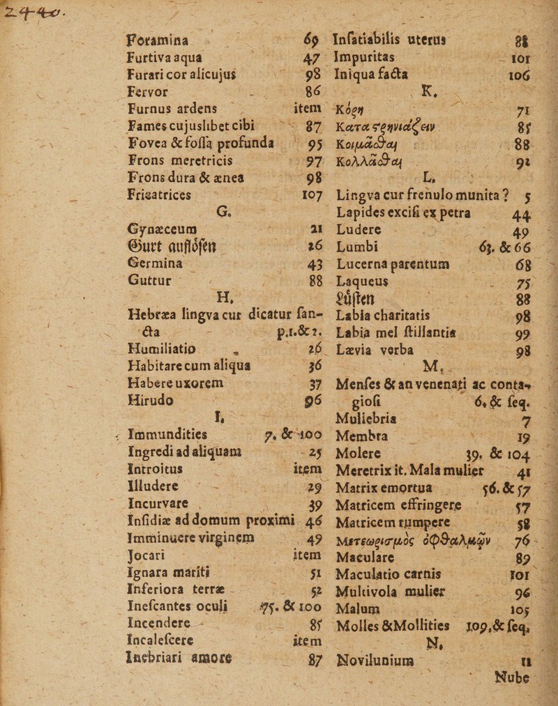 Foramina 6$ Infatiabilis uterus si Furtiva aqua 47 Impuritas - IOI Furari cor alicujus ' 98 Iniqua fada 106 Fervor 8&lt;£ K* Furnus ardens item Ko^n 71 Fames cujushbet cibi 87 Kccra 8f Fovea &amp;fofla profunda 95 Koiuci&amp;aj 88 Frons meretricis 9 7 KoAA «c&amp;oj 9l Frons dura &amp; aenea 98 L. Frisatrices 107 Lingva cur frenulo munita? 5 a Lapides excifi ex petra 44 Gynaeceum 21 Ludere 49 ©urt miflofen 16 Lumbi &lt;£j. &amp; 66 Germina 43 Lucerna parentum . 68 Guttur 88 Laqueus 75 Srncn 88 Hebraea Iingvacur dicatur fan- Labia charitatis 98 da Labia mei ftiilantii 99 Humiliatio „ z6 Laevia verba 93 Habitare cum aliqua &amp; Mt Habere uxorem 37 Menfes &amp; an venenati ac conta** Hirudo giofi (5, &amp; fe&lt;j. I, Muliebria 7 Immundities 7* &amp; 100 Membra 19 Ingredi ad aliquam 25 Molere J9» &amp; 104 Introitus nem Meretrix it. Mala mulier 41 Illudere £9 Matrix emortua 0. &amp; 57 Incurvare , a i9 Matricem effringere 57 Infidiae ad domum proximi 46 Matricem rumpere 58 Imminuere virginem 49 MsrBcoPtcrfzog 76 Jocari item Maculare 89 Ignara mariti 51 Maculatio carnis IOI Inferiora terrae 5* Multivola mulier 96 Inefcantcs oculi 6c 100 Malum 105 Incendere^ 8? Molles &amp;Mollitics jop.&amp;fea. Incalefcere item jsj# r 4 Inebriari amore 87 Noviluniura II Nube