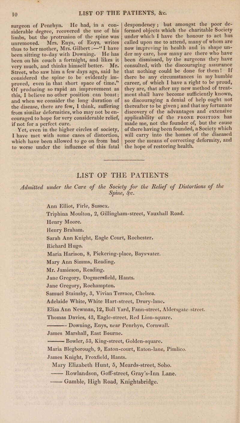 LIST OF THE PATIENTS, &c. surgeon of Penrhyn. He had, in a con¬ siderable degree, recovered the use of his limbs, but the protrusion of the spine was unremoved. Mrs. Enys, of Enys, writes thus to her mother, Mrs. Gilbert:—“ I have been sitting to-day with Downing. He has been on his couch a fortnight, and likes it very much, and thinks himself better. Mr. Street, who saw him a few days ago, said he considered the spine to be evidently im¬ proved, even in that short space of time/’ Of producing so rapid an improvement as this, I believe no other position can boast; and when we consider the long duration of the disease, there are few, I think, suffering from similar deformities, who may not be en¬ couraged to hope for very considerable relief, if not for a perfect cure. Yet, even in the higher circles of society, I have met with some cases of distortion, which have been allowed to go on from bad to worse under the influence of this fatal despondency; but amongst the poor de¬ formed objects which the charitable Society under which I have the honour to act has called upon me to attend, many of whom are now improving in health and in shape un¬ der my care, how many are there who have been dismissed, by the surgeons they have consulted, with the discouraging assurance that nothing could be done for them! If there be any circumstances in my humble career, of which I have a right to be proud, they are, that after my new method of treat¬ ment shall have become sufficiently known, so discouraging a denial of help ought not thereafter to be given; and that my fortunate discovery of the advantages and extensive applicability of the prone position has made me, not the founder of, but the cause of there having been founded, a Society which will carry into the homes of the diseased poor the means of correcting deformity, and the hope of restoring health. LIST OF THE PATIENTS Admitted under the Care of the Society for the Relief of Distortions of the Spine, 8fc. Ann Elliot, Firle, Sussex. Triphina Moulton, 2, Gillingham-street, Vauxhall Road. Henry Moore. Henry Braham. Sarah Ann Knight, Eagle Court, Rochester. Richard Hugo. Maria Harison, 8, Pickering-place, Bayswater. Mary Ann Simms, Reading. Mr. Jamieson, Reading. Jane Gregory, Dogmersfield, Hants. Jane Gregory, Roehampton. Samuel Stainsby, 3, Vivian Terrace, Chelsea. Adelaide White, White Hart-street, Drury-lane. Eliza Ann Newman, 12, Bull Yard, Fann-street, Aldersgate-street. Thomas Davies, 43, Eagle-street, Red Lion-square. --Downing, Enys, near Penrhyn, Cornwall. James Marshall, East Bourne. --Bowler, 53, King-street, Golden-square. Maria Blegborough, 9, Eaton-court, Eaton-lane, Pimlico. James Knight, Froxfield, Hants. Mary Elizabeth Hunt, 5, Meards-street, Soho. - Rowlandson, Goff-street, Gray’s-Inn Lane. -Gamble, High Road, Knightsbridge.