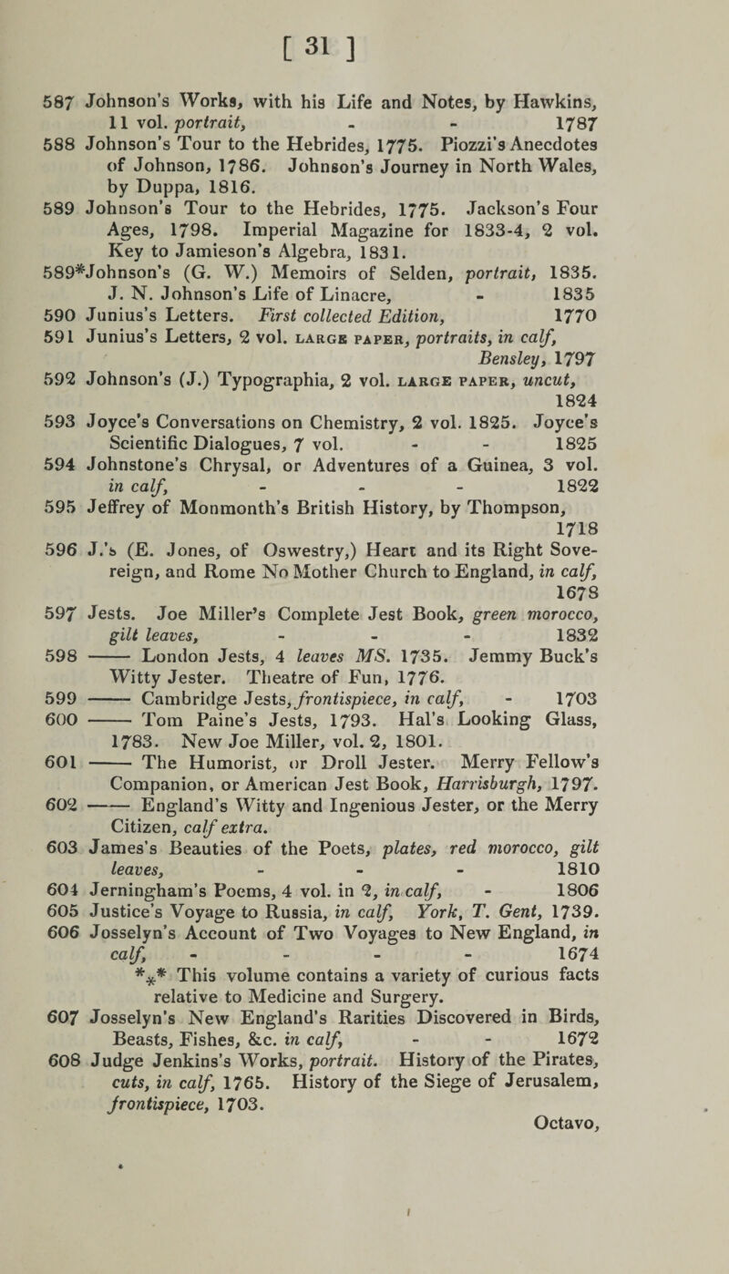 587 Johnson’s Works, with his Life and Notes, by Hawkins, 11 vol .portrait, - - 1787 588 Johnson’s Tour to the Hebrides, 1775. Piozzi’s Anecdotes of Johnson, 1786. Johnson’s Journey in North Wales, by Duppa, 1816. 589 Johnson’s Tour to the Hebrides, 1775. Jackson’s Four Ages, 1798. Imperial Magazine for 1833-4, 2 vol. Key to Jamieson’s Algebra, 1831. 589*Johnson’s (G. W.) Memoirs of Selden, portrait, 1835. J. N. Johnson’s Life of Linacre, - 1835 590 Junius’s Letters. First collected Edition, 1770 591 Junius’s Letters, 2 vol. large paper, portraits, in calf, Bensley, 1797 592 Johnson’s (J.) Typographia, 2 vol. large paper, uncut, 1824 593 Joyce’s Conversations on Chemistry, 2 vol. 1825. Joyce’s Scientific Dialogues, 7 vol. - - 1825 594 Johnstone’s Chrysal, or Adventures of a Guinea, 3 vol. in calf, - 1822 595 Jeffrey of Monmonth’s British History, by Thompson, 1718 596 J.’s (E. Jones, of Oswestry,) Heart and its Right Sove¬ reign, and Rome No Mother Church to England, in calf, 1678 597 Jests. Joe Miller’s Complete Jest Book, green morocco, gilt leaves, - 1832 598 - London Jests, 4 leaves MS. 1735. Jemmy Buck’s Witty Jester. Theatre of Fun, 1776. 599 -- Cambridge Jests, frontispiece, in calf, - 1703 600 - Tom Paine’s Jests, 1793. Hal’s Looking Glass, 1783. New Joe Miller, vol. 2, 1801. 601 - The Humorist, or Droll Jester. Merry Fellow’s Companion, or American Jest Book, Harrisburgh, 1797. 602 -England’s Witty and Ingenious Jester, or the Merry Citizen, calf extra. 603 James’s Beauties of the Poets, plates, red morocco, gilt leaves, - - - 1810 604 Jerningham’s Poems, 4 vol. in 2, in calf, - 1806 605 Justice’s Voyage to Russia, in calf, York, T. Gent, 1739. 606 Josselyn’s Account of Two Voyages to New England, in calf - 1674 *** This volume contains a variety of curious facts relative to Medicine and Surgery. 607 Josselyn’s New England’s Rarities Discovered in Birds, Beasts, Fishes, &c. in calf - - 1672 608 Judge Jenkins’s Works, portrait. History of the Pirates, cuts, in calf, 1765. History of the Siege of Jerusalem, frontispiece, 1703. Octavo, * I